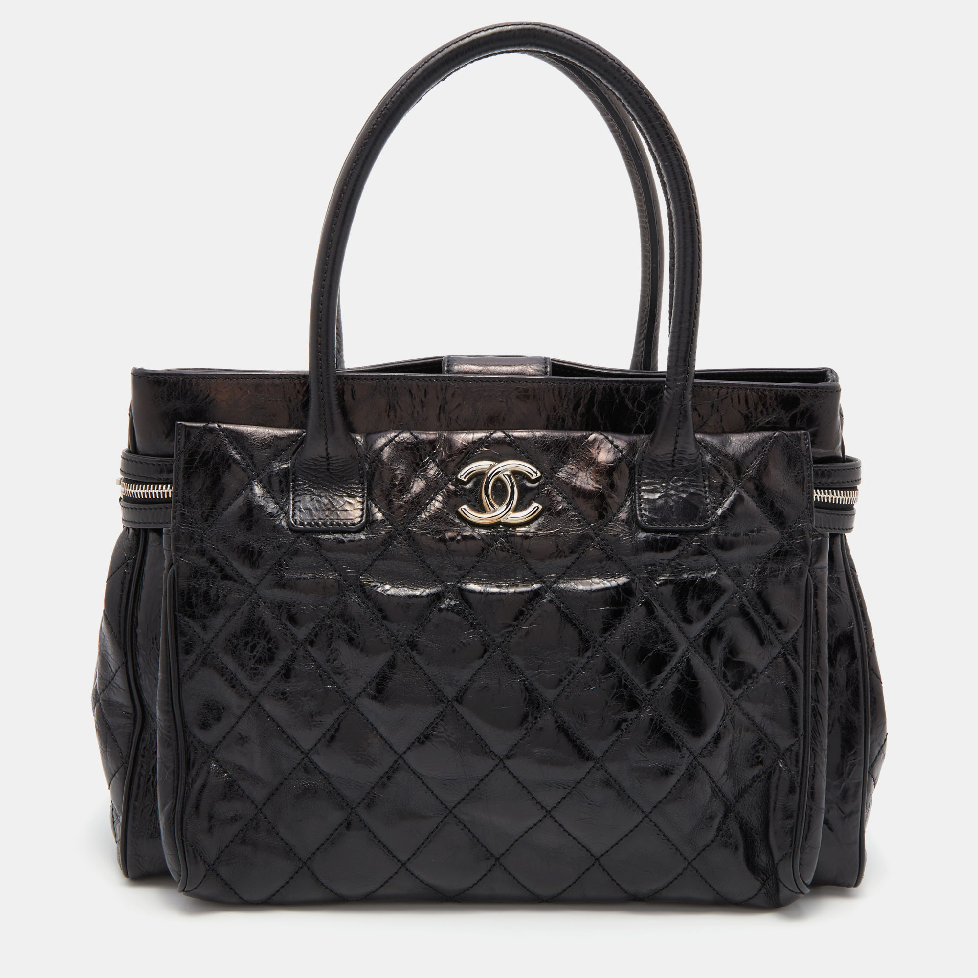 Pre-owned Chanel Black Quilted Glazed Leather Portobello Tote