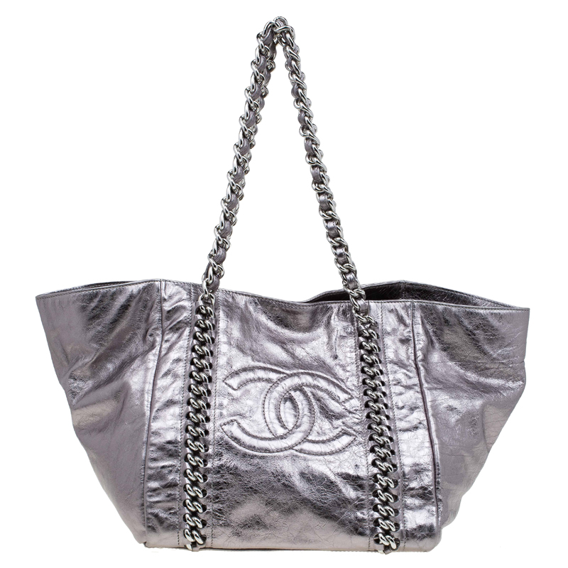 Chanel Silver Glazed Crackled Leather Small Modern Chain Tote