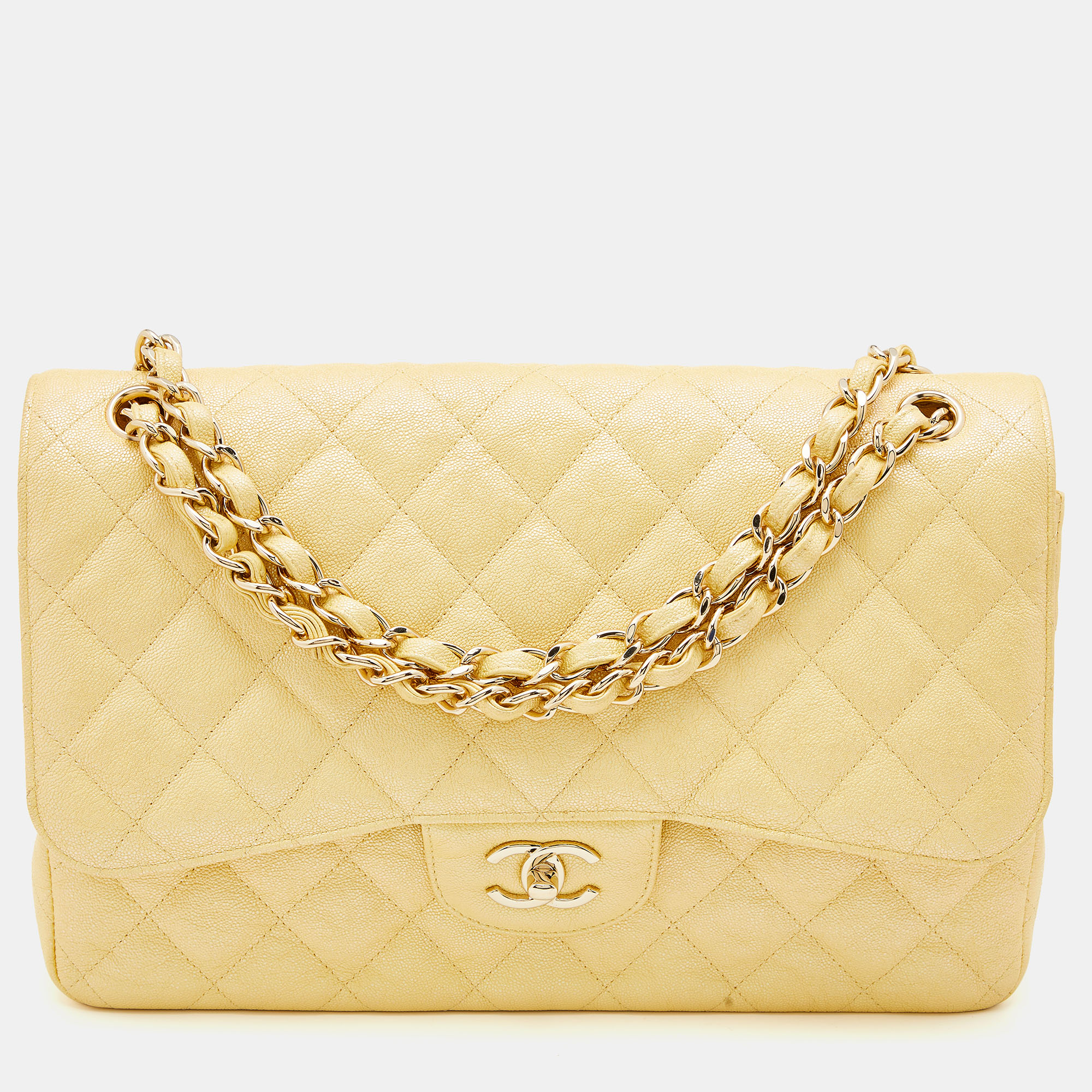 Pre-owned Chanel Yellow Iridescent Quilted Caviar Leather Jumbo Classic  Double Flap Bag