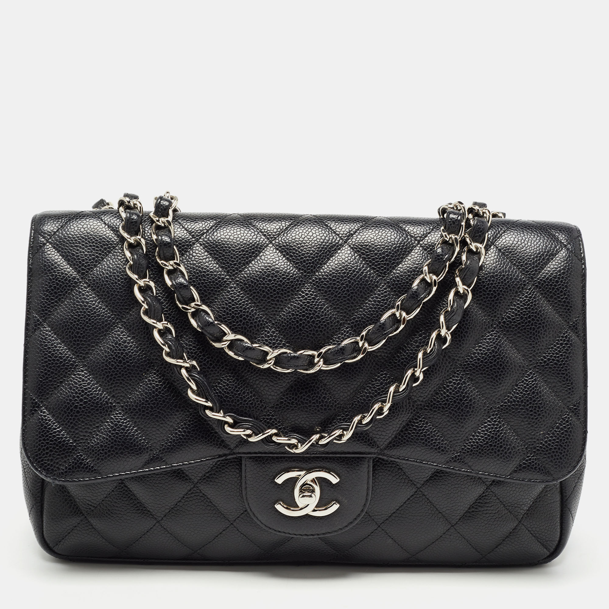 Pre Owned Chanel Black Quilted Caviar Leather Jumbo Classic Single Flap Bag