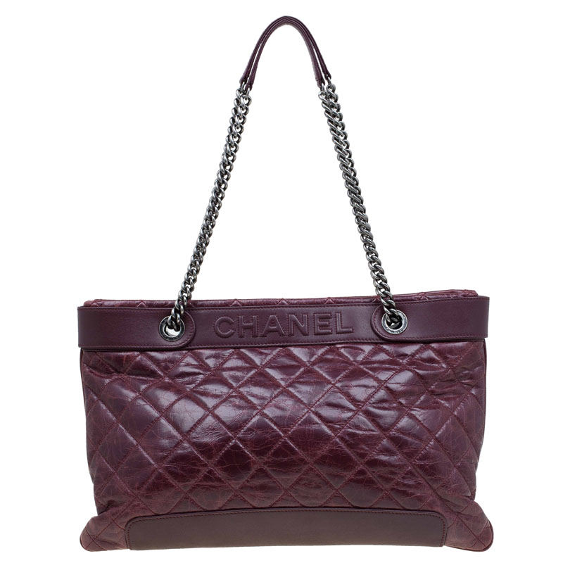 Pre Owned Chanel Burgundy Quilted Crackled Leather East West Shoulder Bag