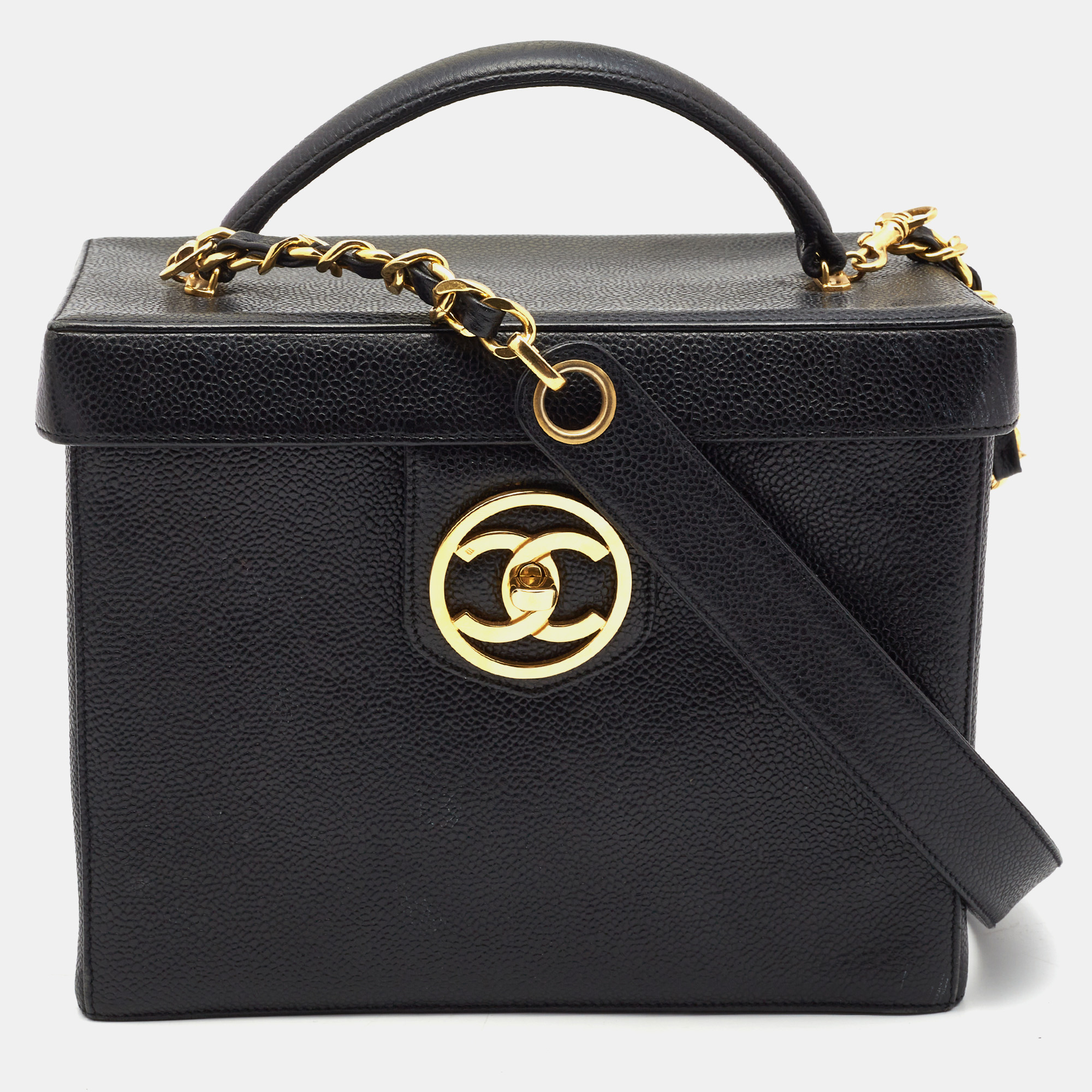 Pre Owned Chanel Black Caviar Leather Vintage CC Vanity Case Bag