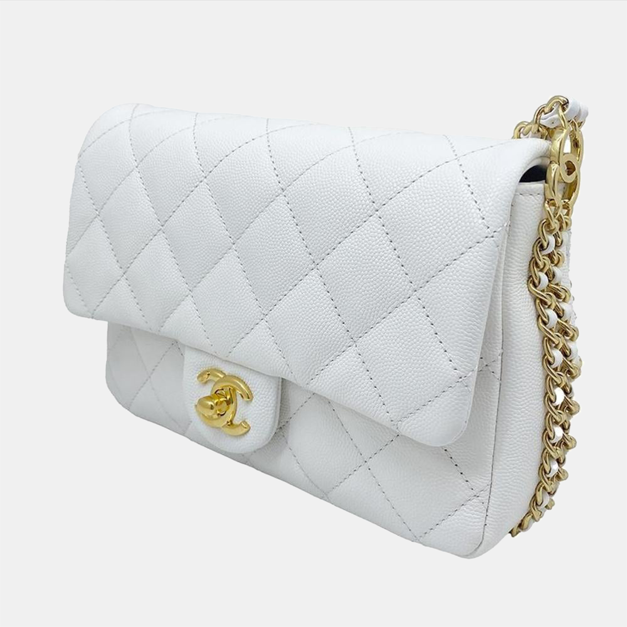 

Chanel White Caviar Leather Mini Double Chain Strap Flap CC Shoulder Bag