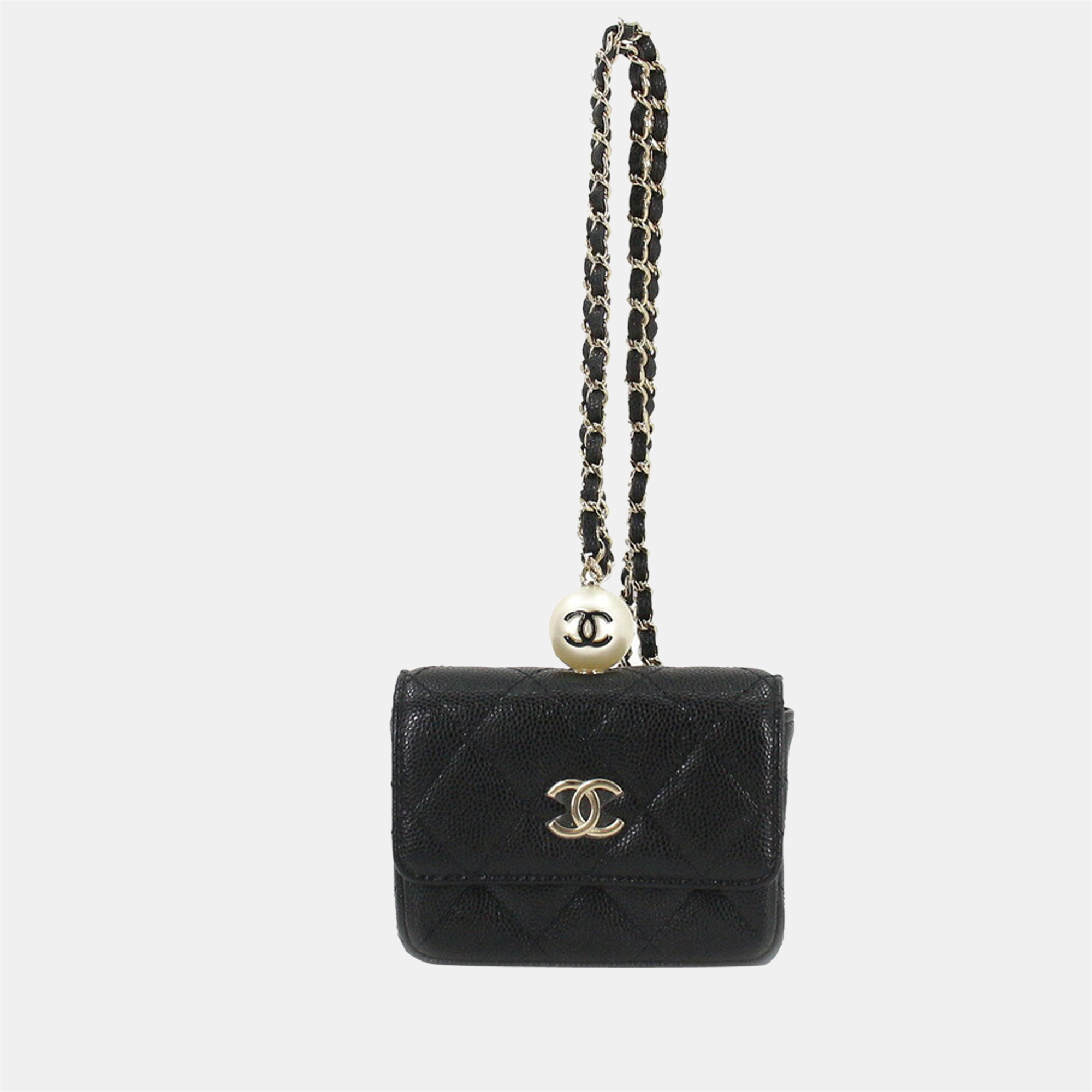 Pre-owned Chanel Black Quilted Caviar Leather Cc Pearl Coin Card Holder With Chain