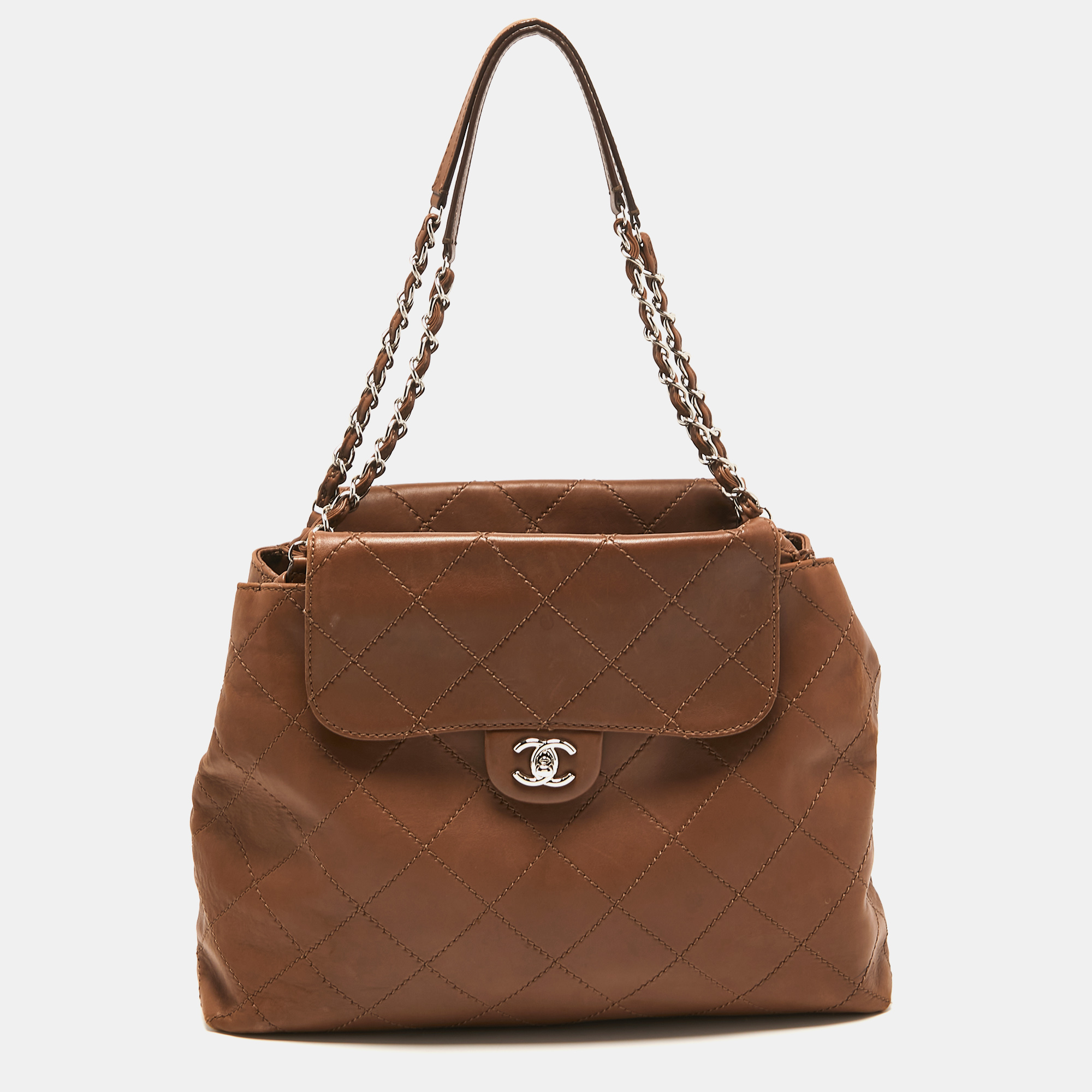 Pre Owned Chanel Brown Wild Stitch Leather Double Flap Shoulder Bag