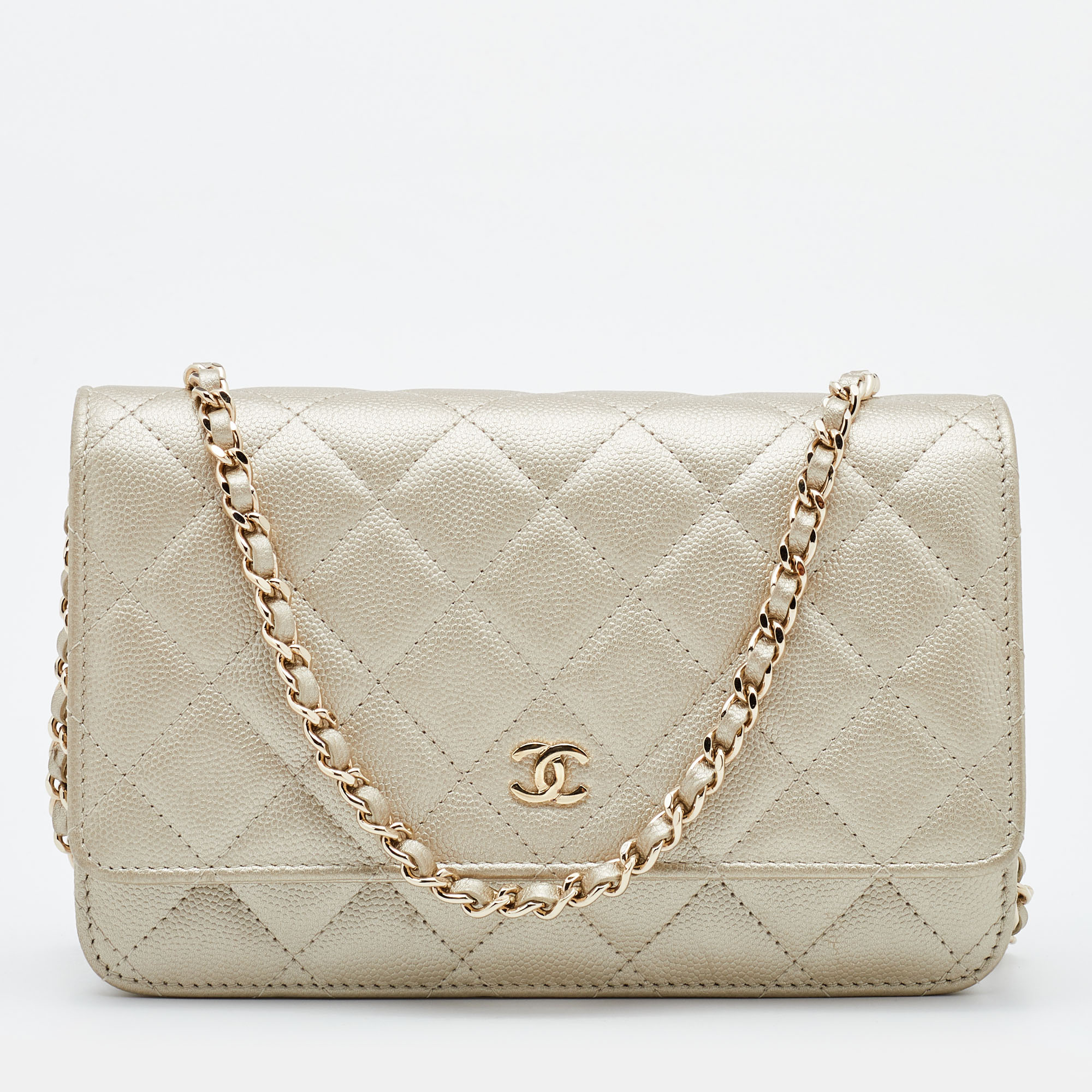 Chanel Gold Quilted Caviar Leather Classic Wallet on Chain