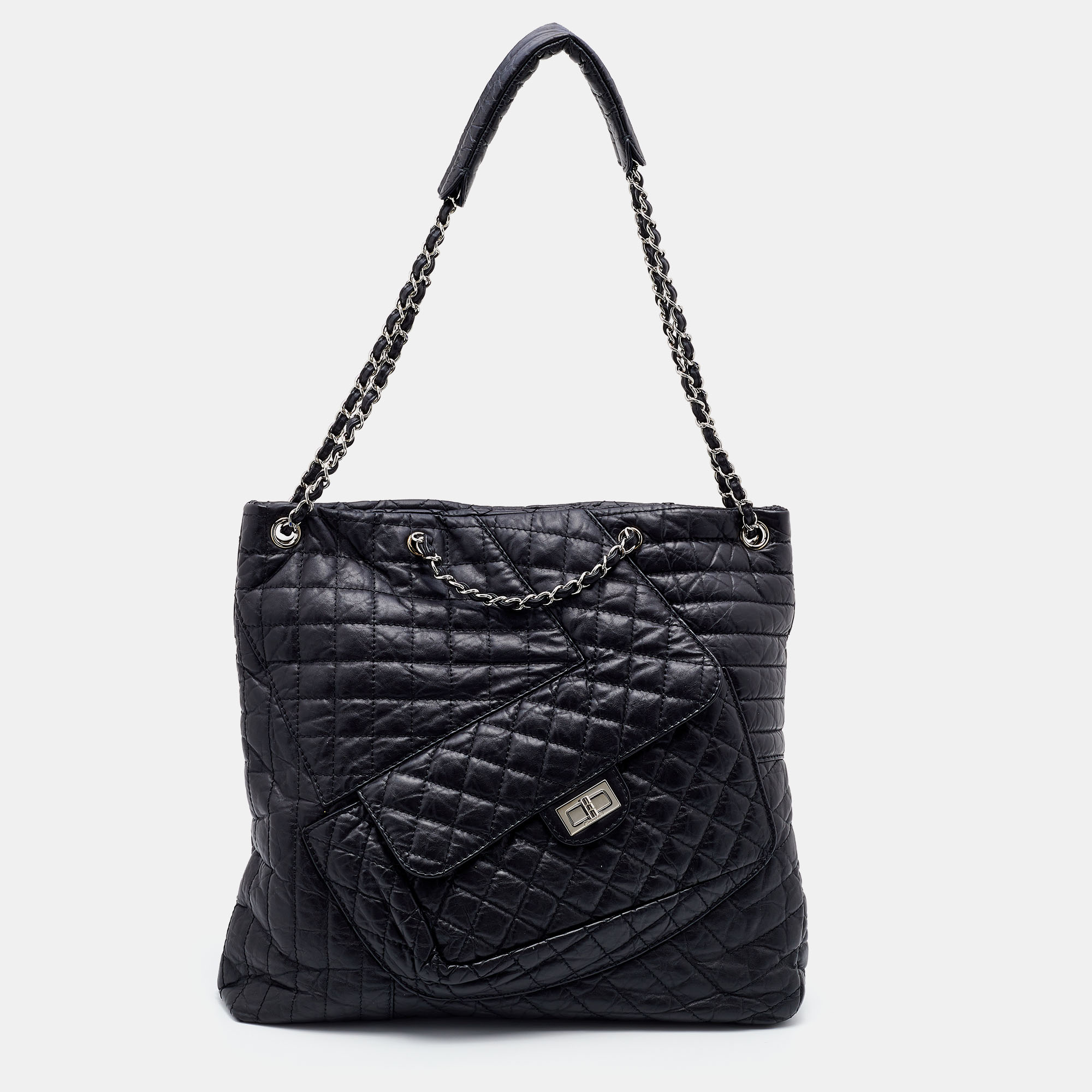Pre Owned Chanel Black Quilted Aged Leather Karl's Cabas Tote