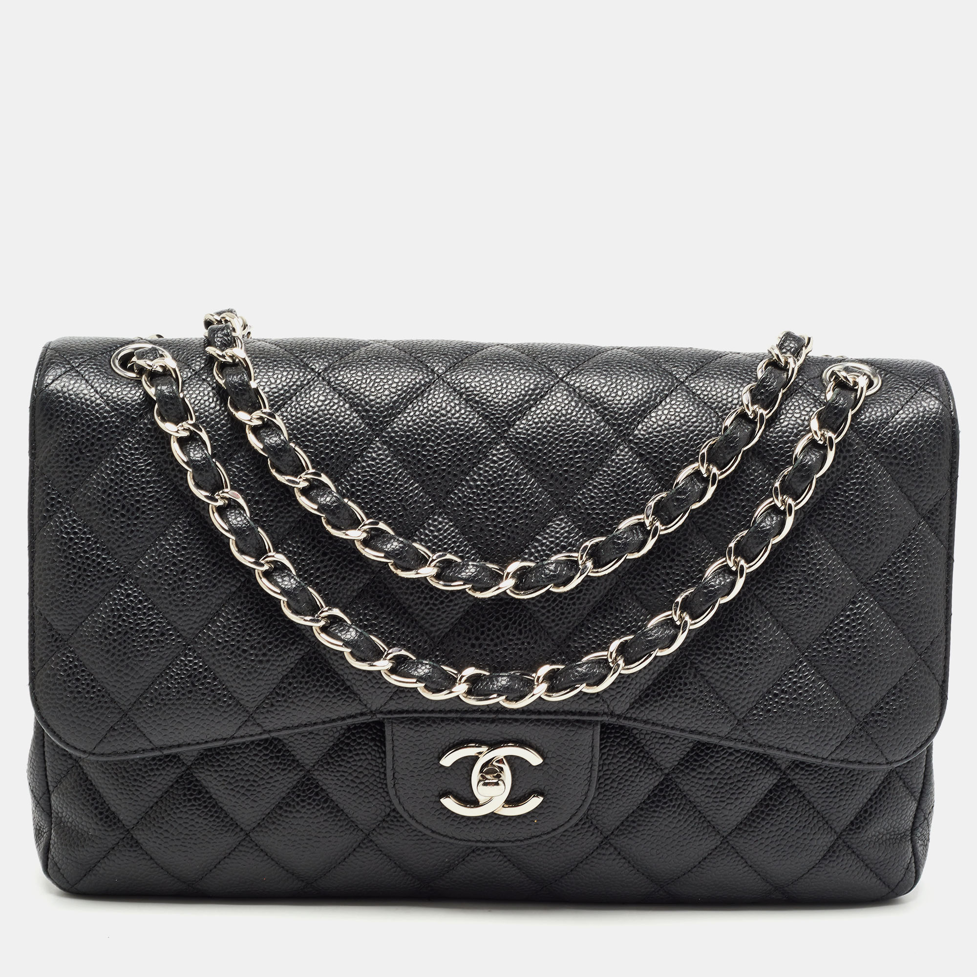 Pre Owned Chanel Black Quilted Caviar Leather Jumbo Classic Double Flap Bag