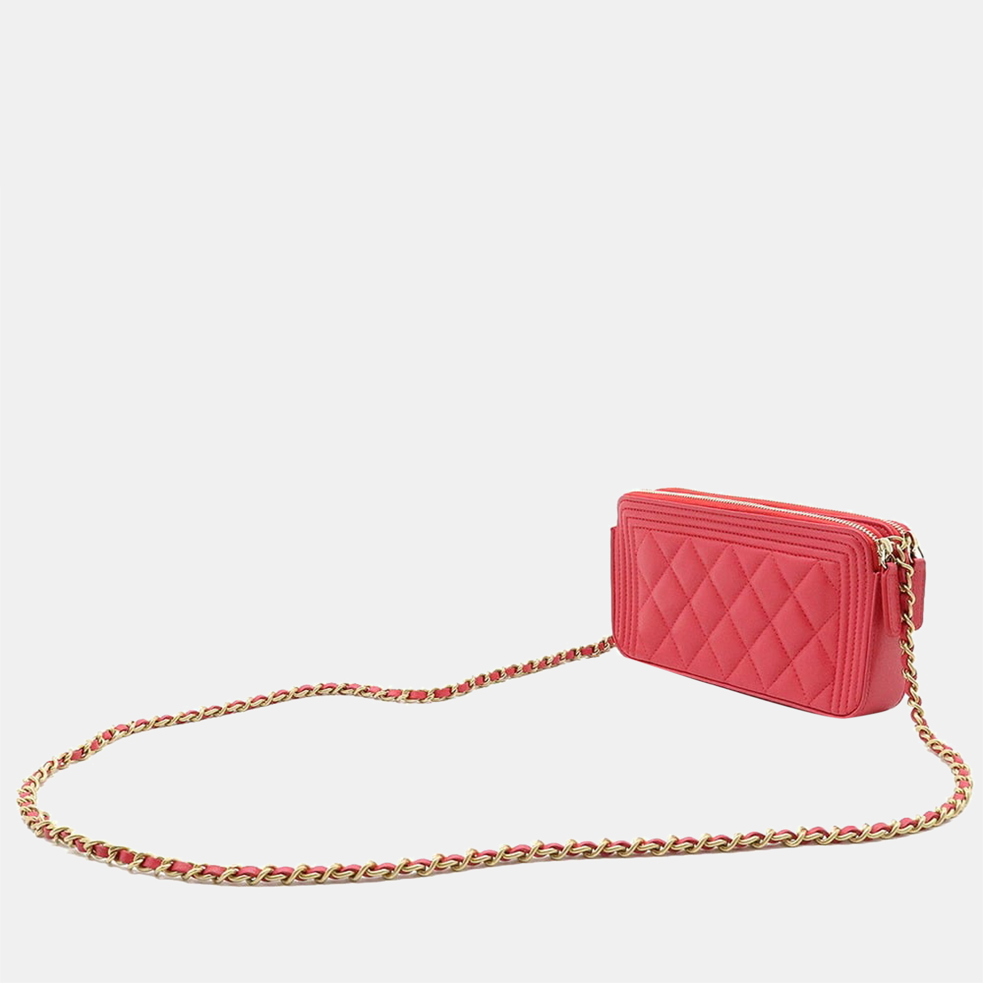 

Chanel Pink Lambskin Leather Boy Double Zip Clutch with Chain