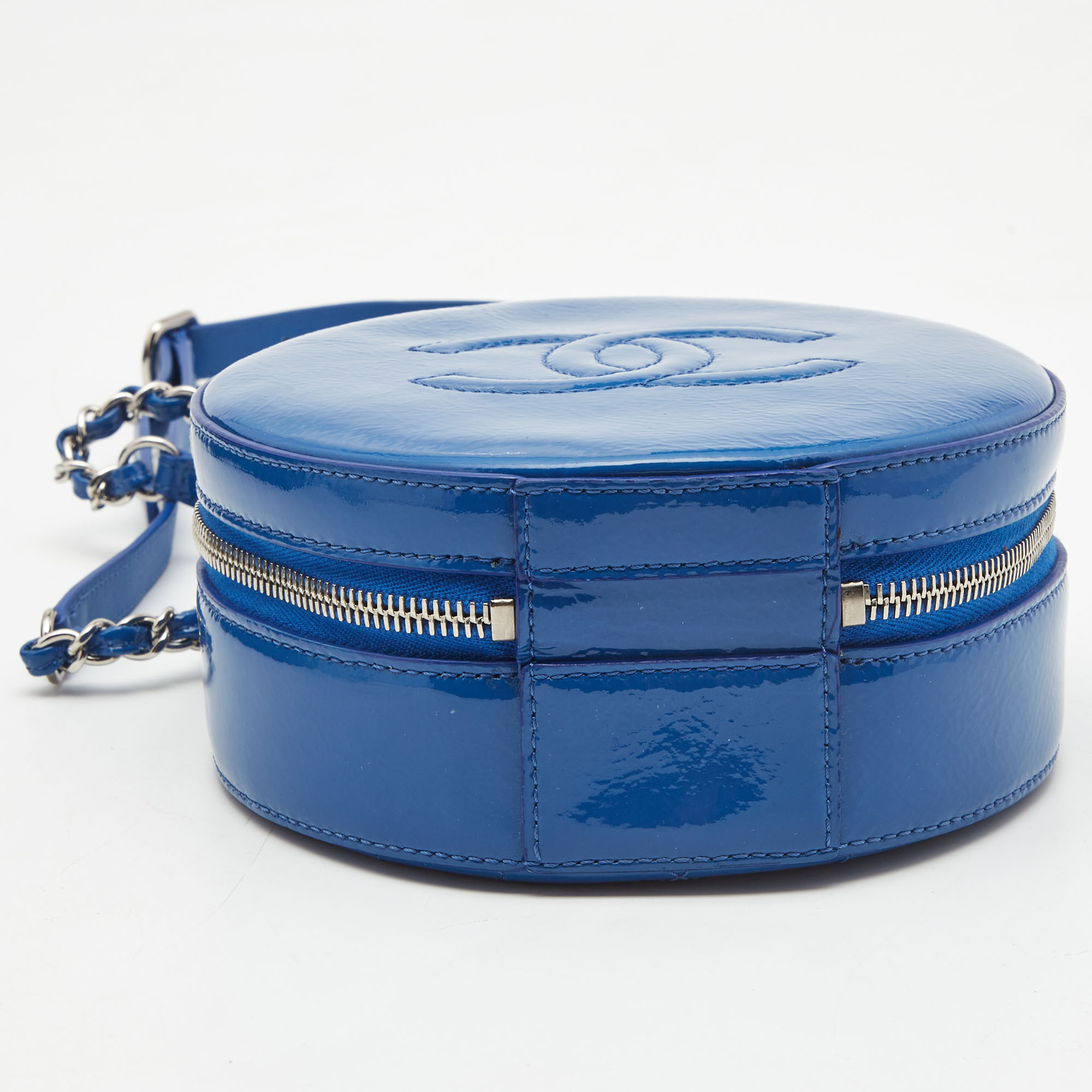 CHANEL Round as Earth Patent Leather Crossbody Bag Blue