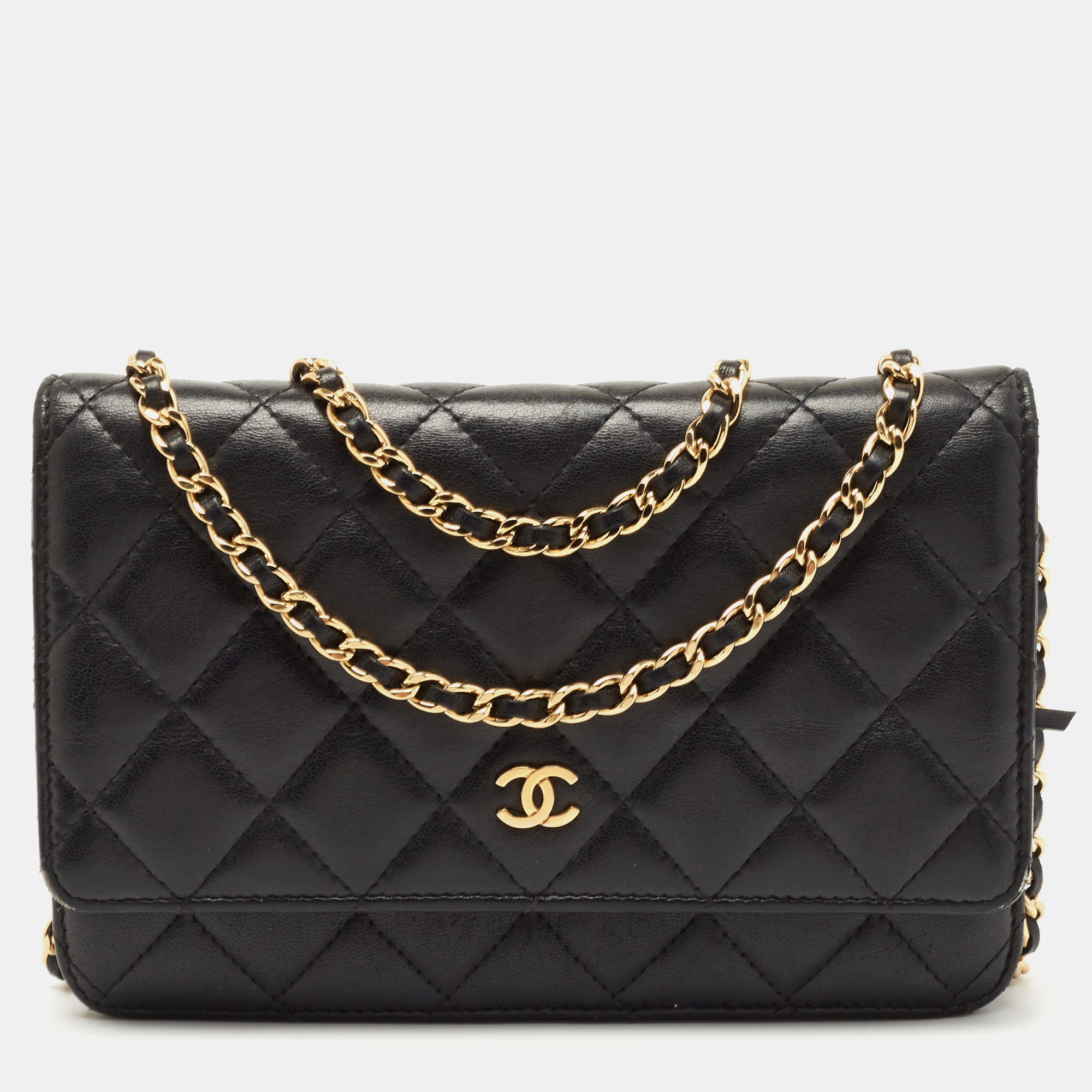 Pre Owned Chanel Black Quilted Lambskin Leather WOC Clutch Bag