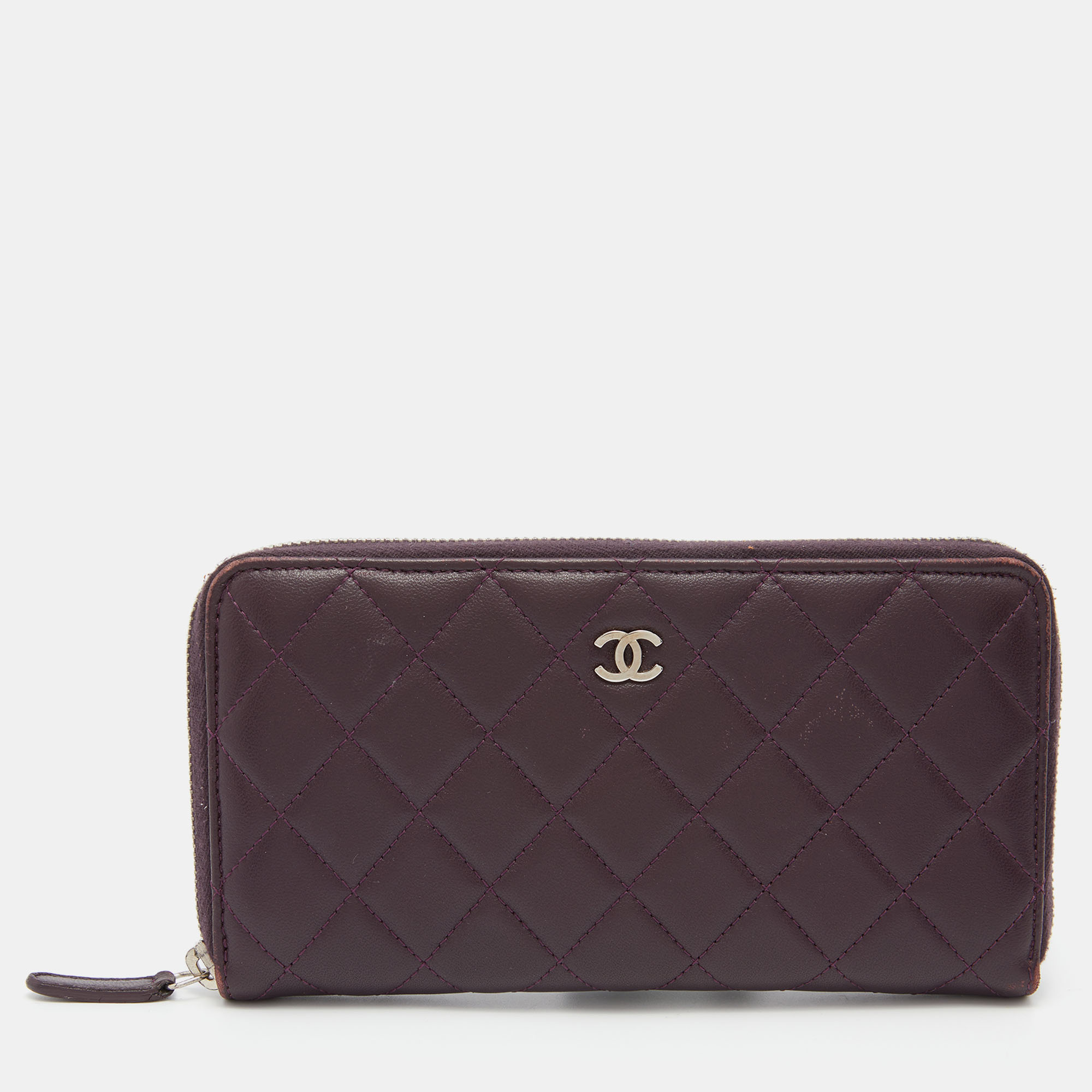 Pre-owned Chanel Purple Quilted Leather Cc Zip Around Wallet