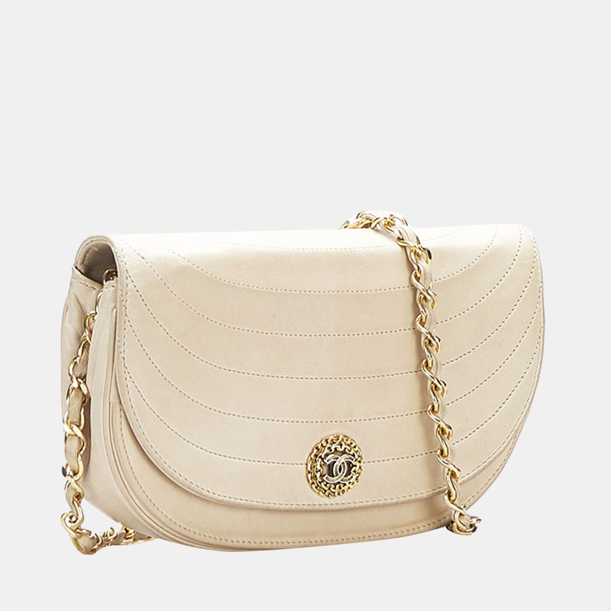 

Chanel Beige CC Leather Vintage Half Moon Flap Bag