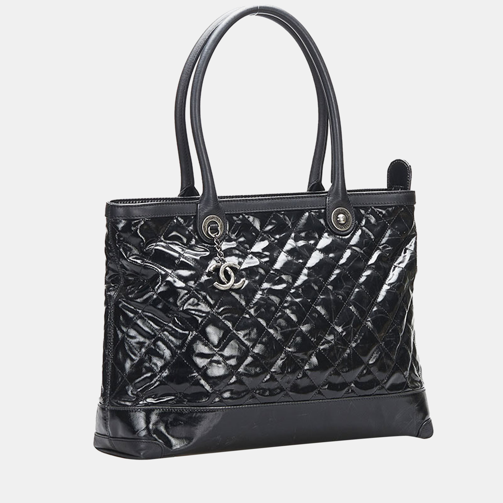 

Chanel Black Patent Quilted Leather CC Charm Tote Bag