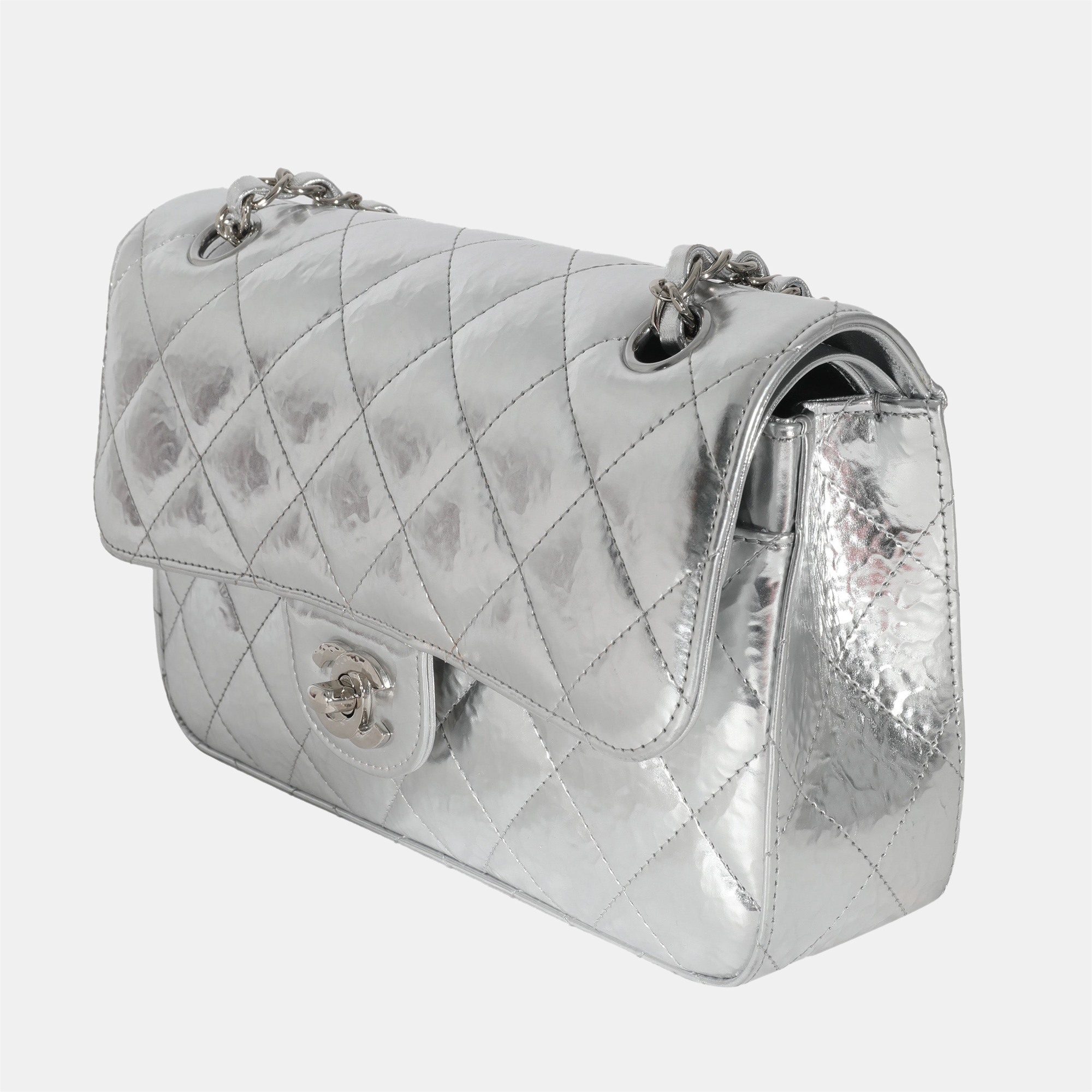 

Chanel Silver Metallic Calfskin  Classic Double Flap