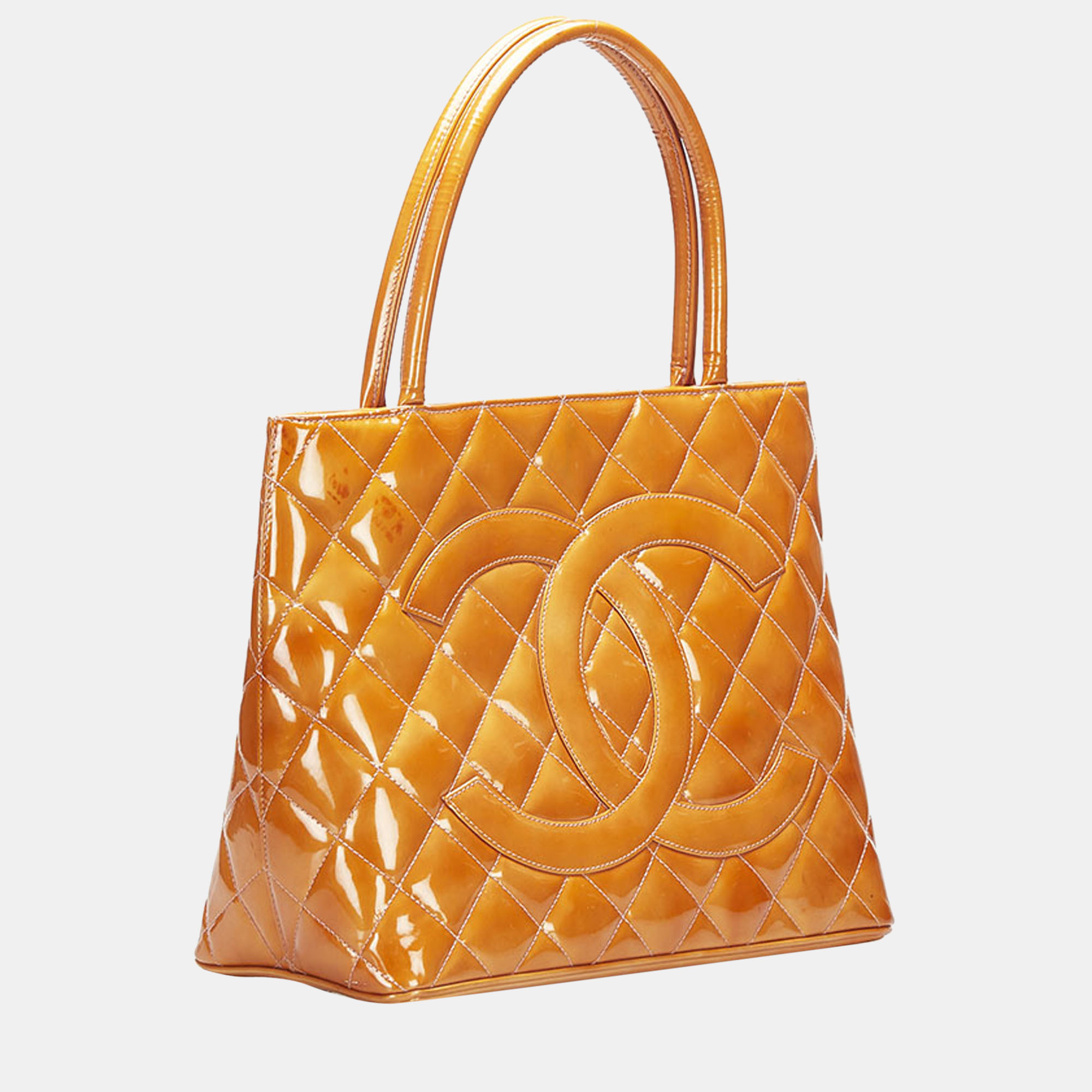 

Chanel Orange Patent Leather CC Medallion Tote Bag