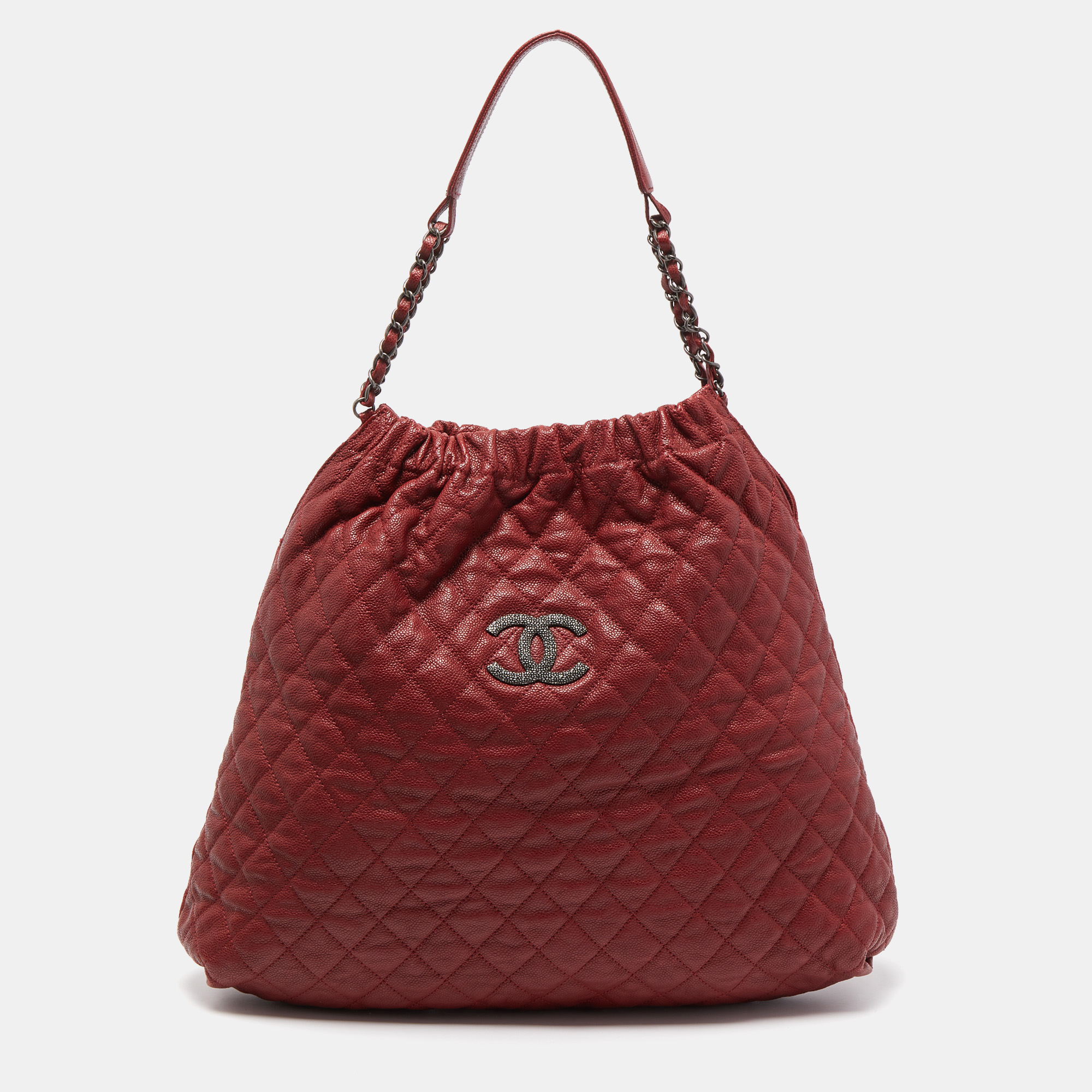Chanel Red Quilted Caviar Leather CC Drawstring Hobo