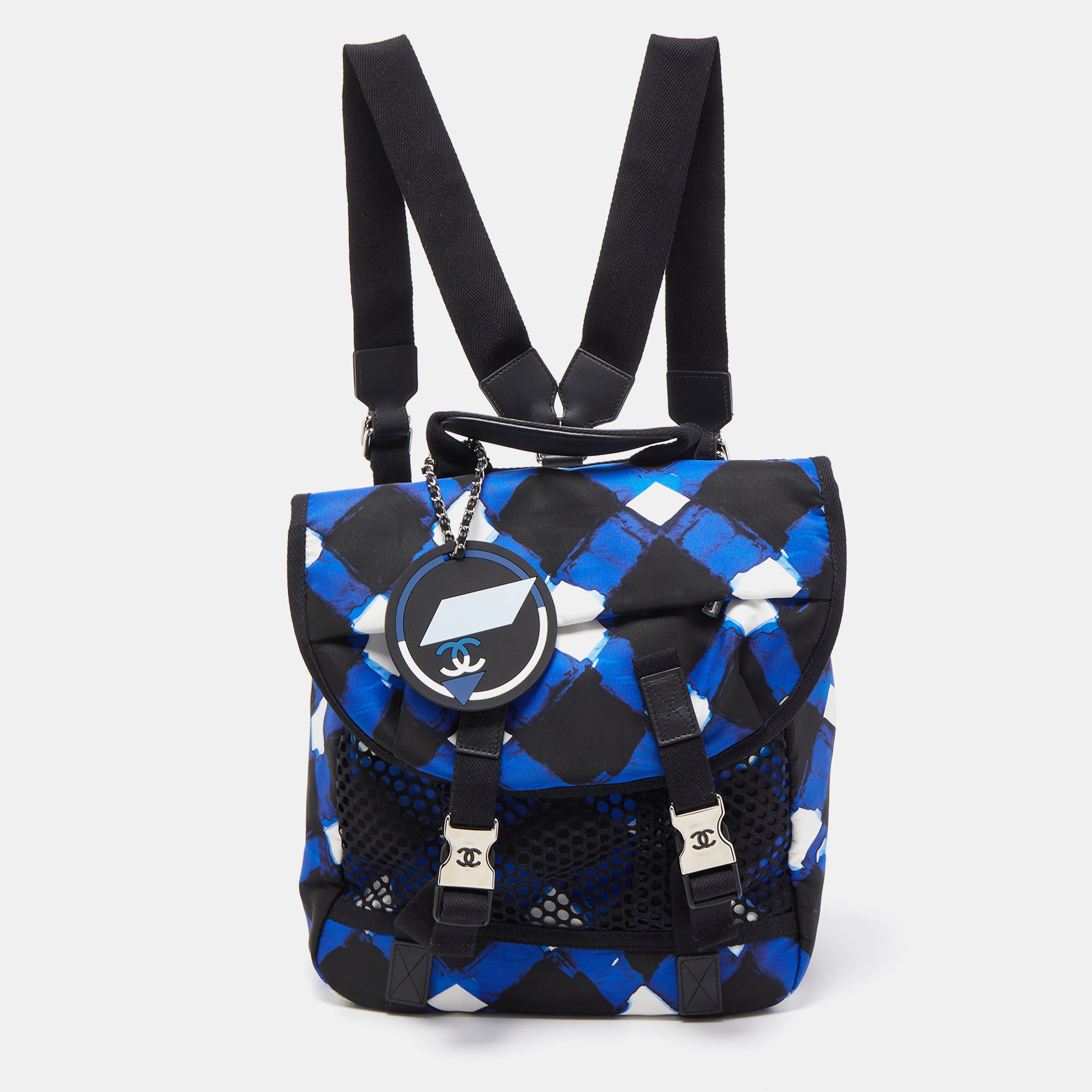 Pre Owned Chanel Black/Blue Printed Nylon Airline Backpack