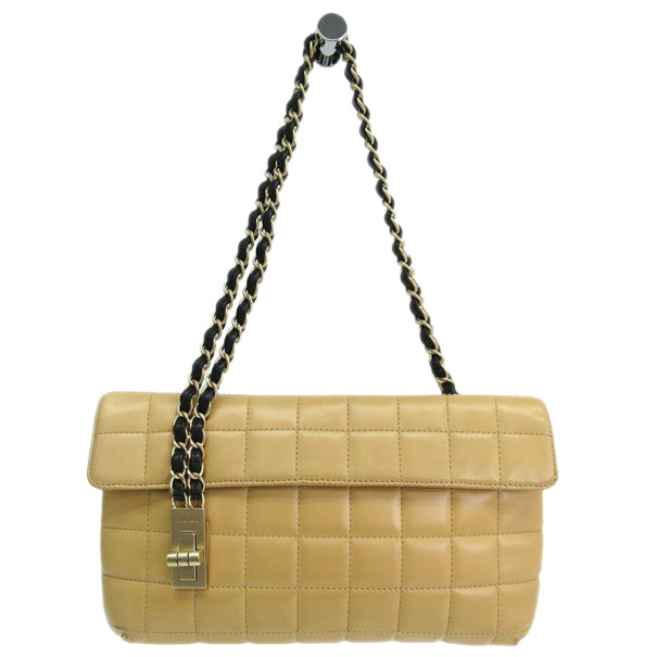 Pre Owned Chanel Beige Lambskin Chocolate Bar Single Flap Bag
