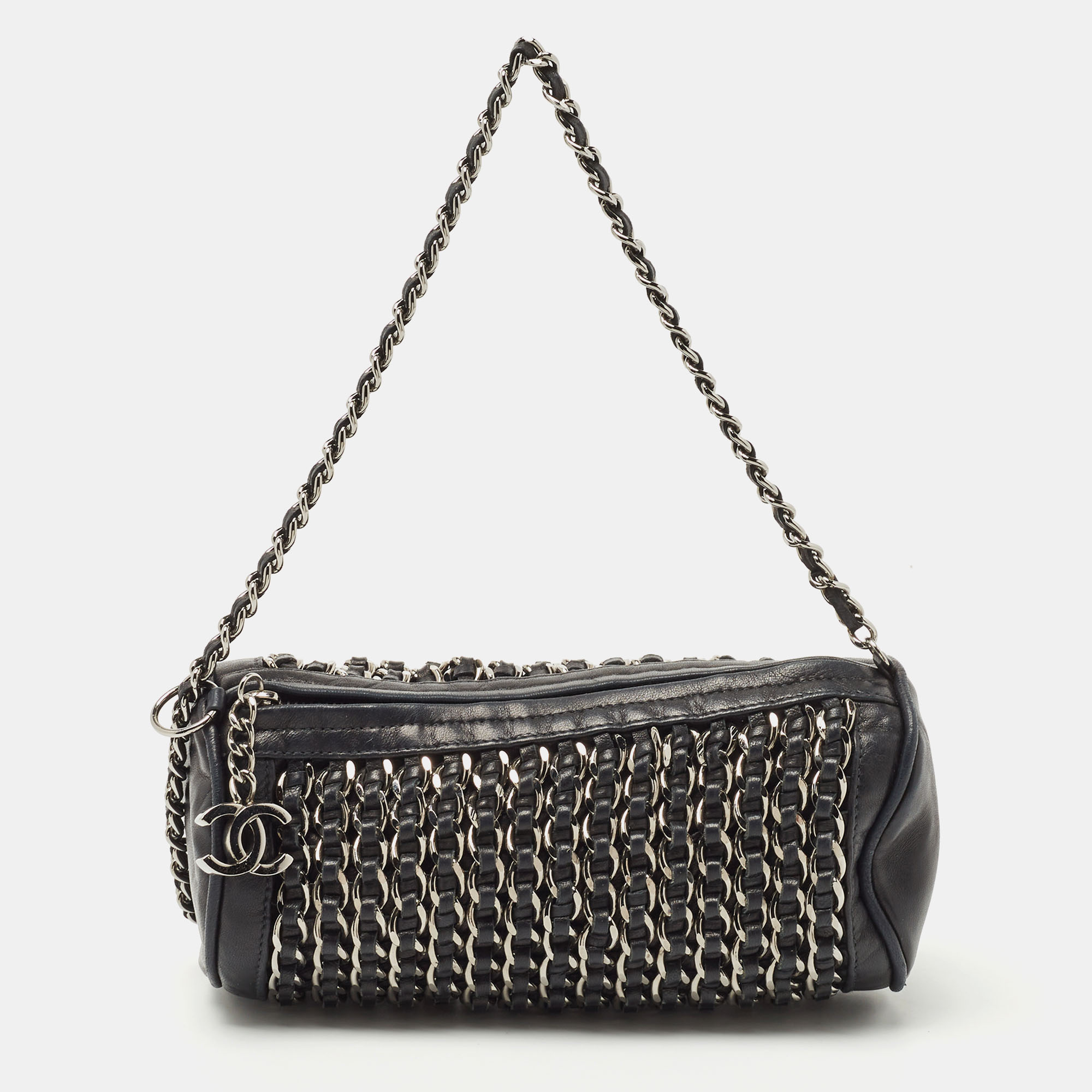 Pre Owned Chanel Black Leather Chain Links Barrel Clutch Bag