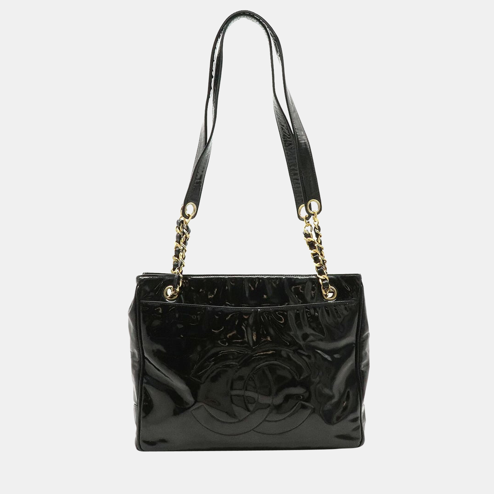 Pre-owned Chanel Black Patent Leather Cc Chain Tote Bag