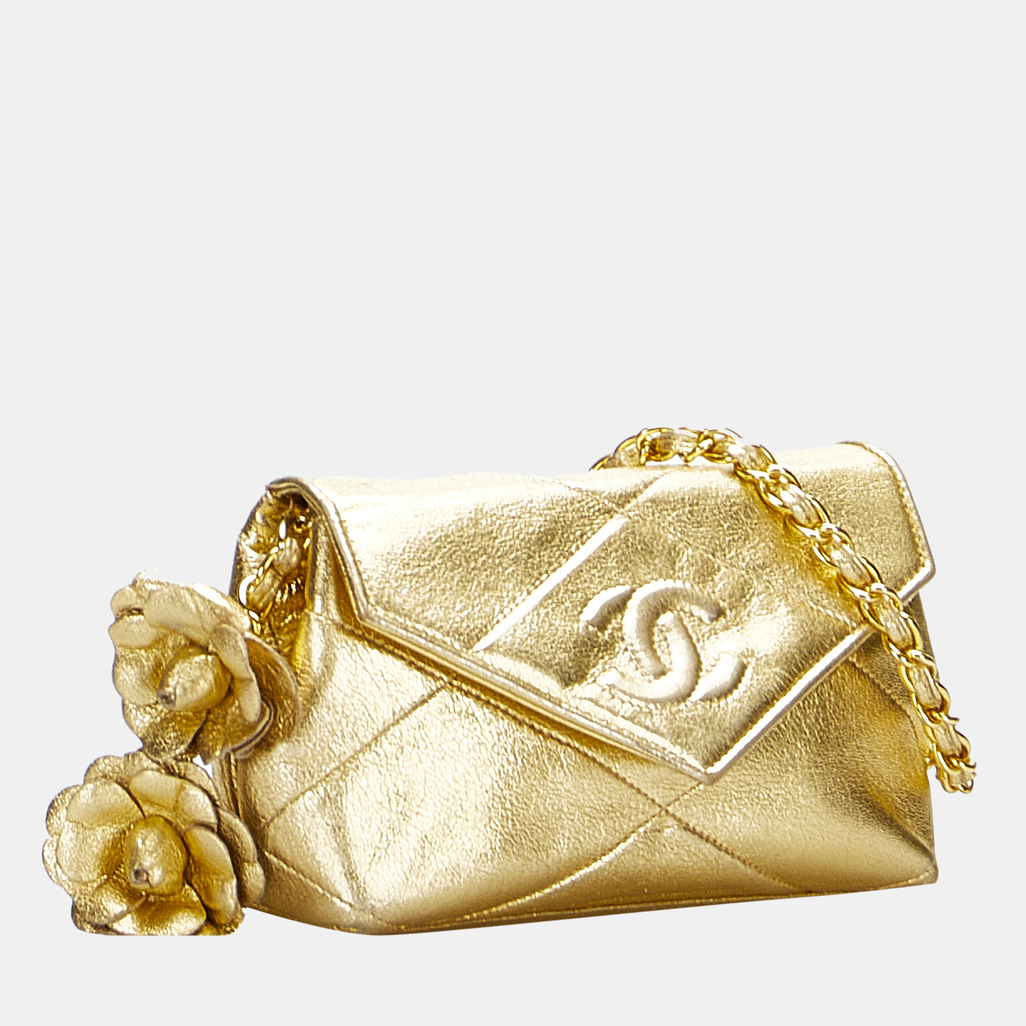 

Chanel Gold Mini Matelasse Chain Shoulder Bag with Camellia