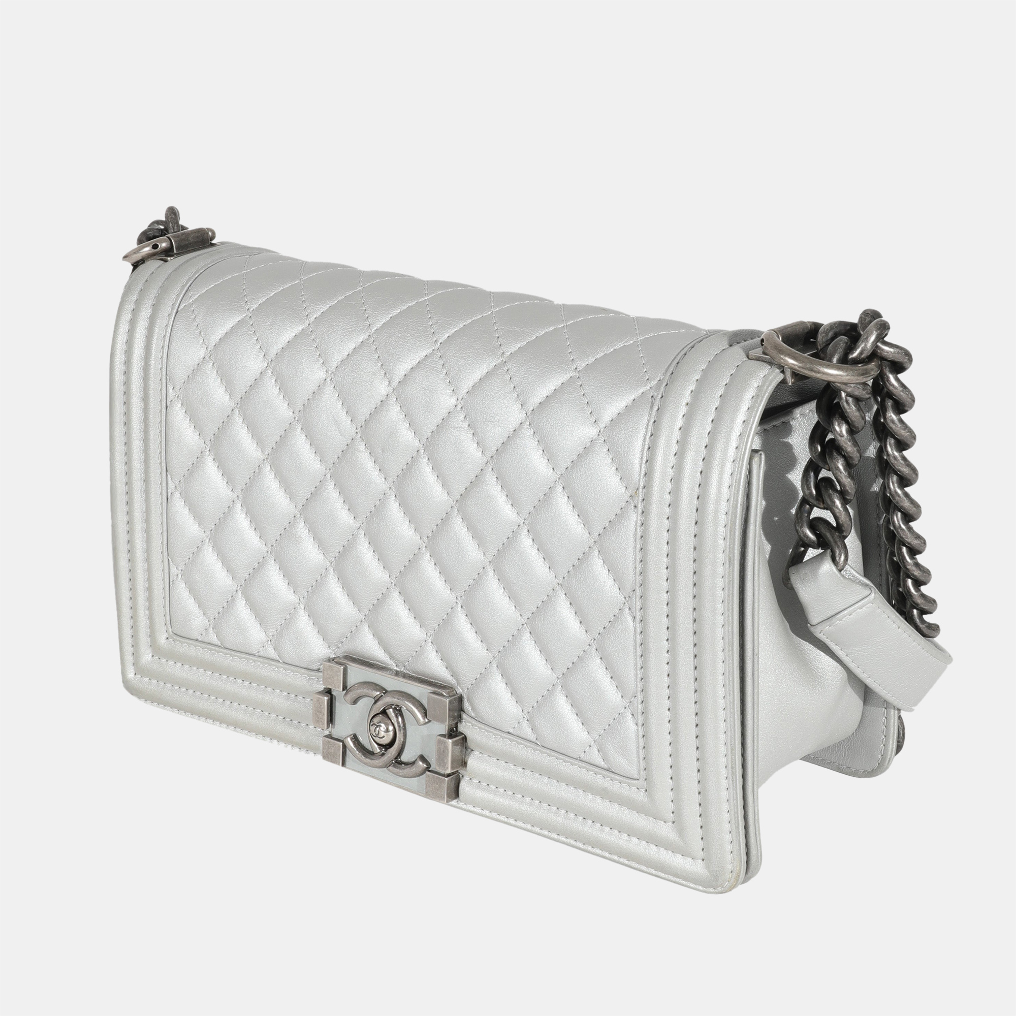 

Chanel Silver Calfskin Leather Medium Boy Bag