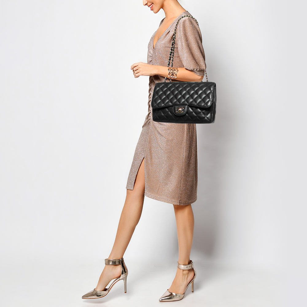 

Chanel Black Quilted Caviar Leather Jumbo Classic Single Flap Bag