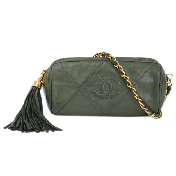 Pre Owned Chanel Khaki Lambskin Tassle Crossbody