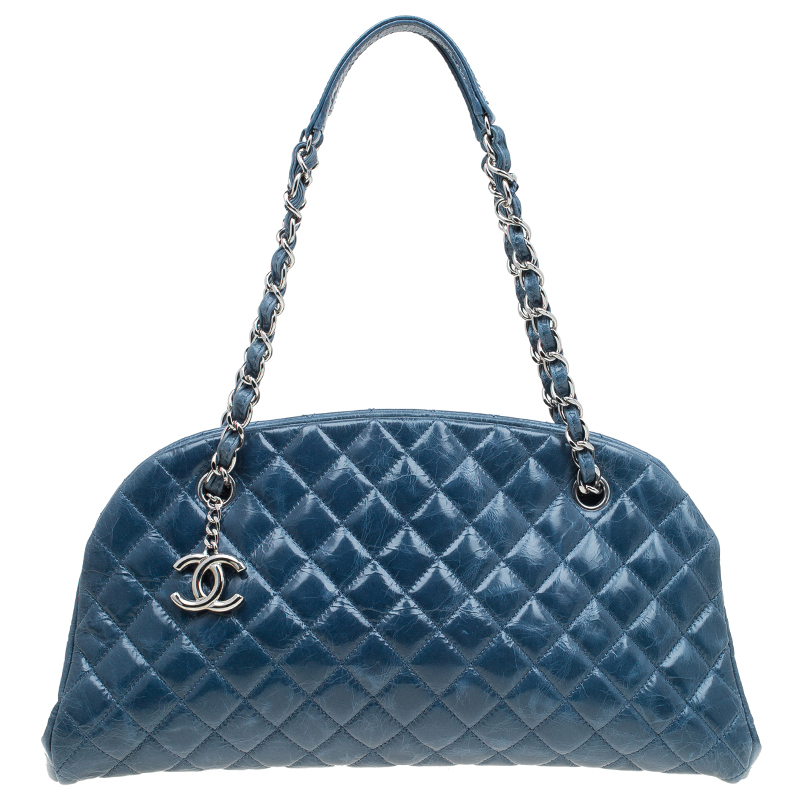 Chanel Blue Quilted Glazed Crackled Leather Medium Just Mademoiselle Bowling Bag