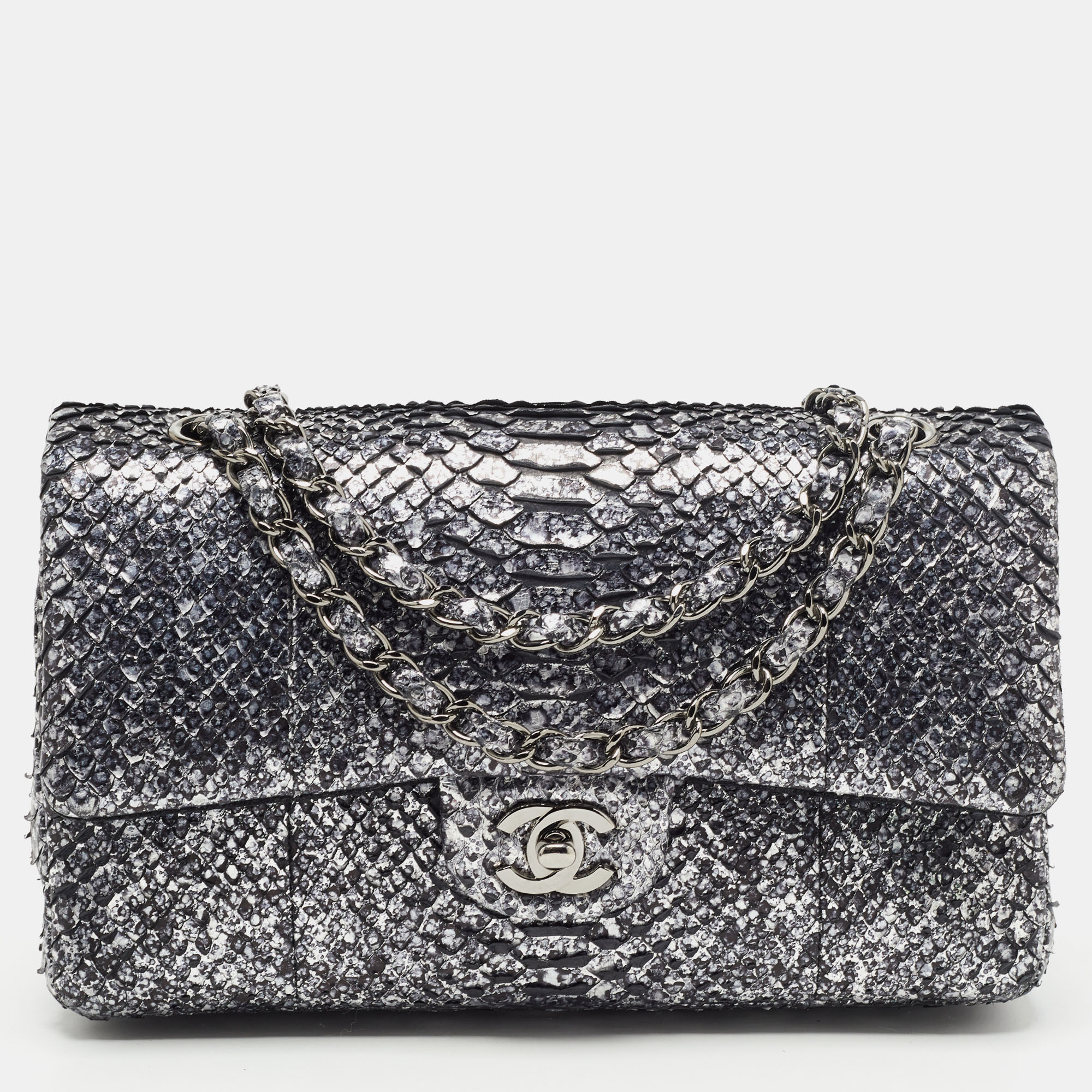 Click to view more detailed imagery on our partner's website Pre-owned Chanel Silver/black Python Medium Classic Double Flap Bag