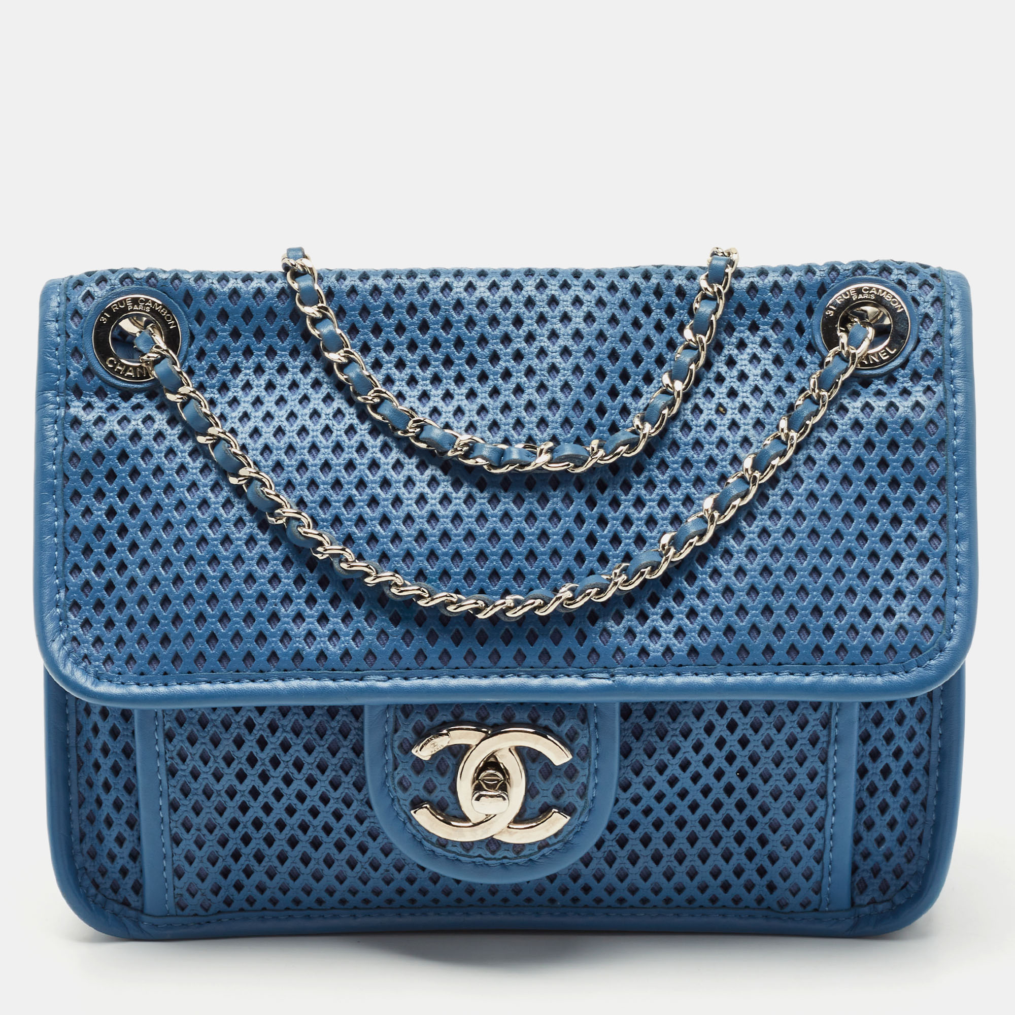 Pre Owned Chanel Blue Perforated Leather Up in the Air Classic Flap Bag