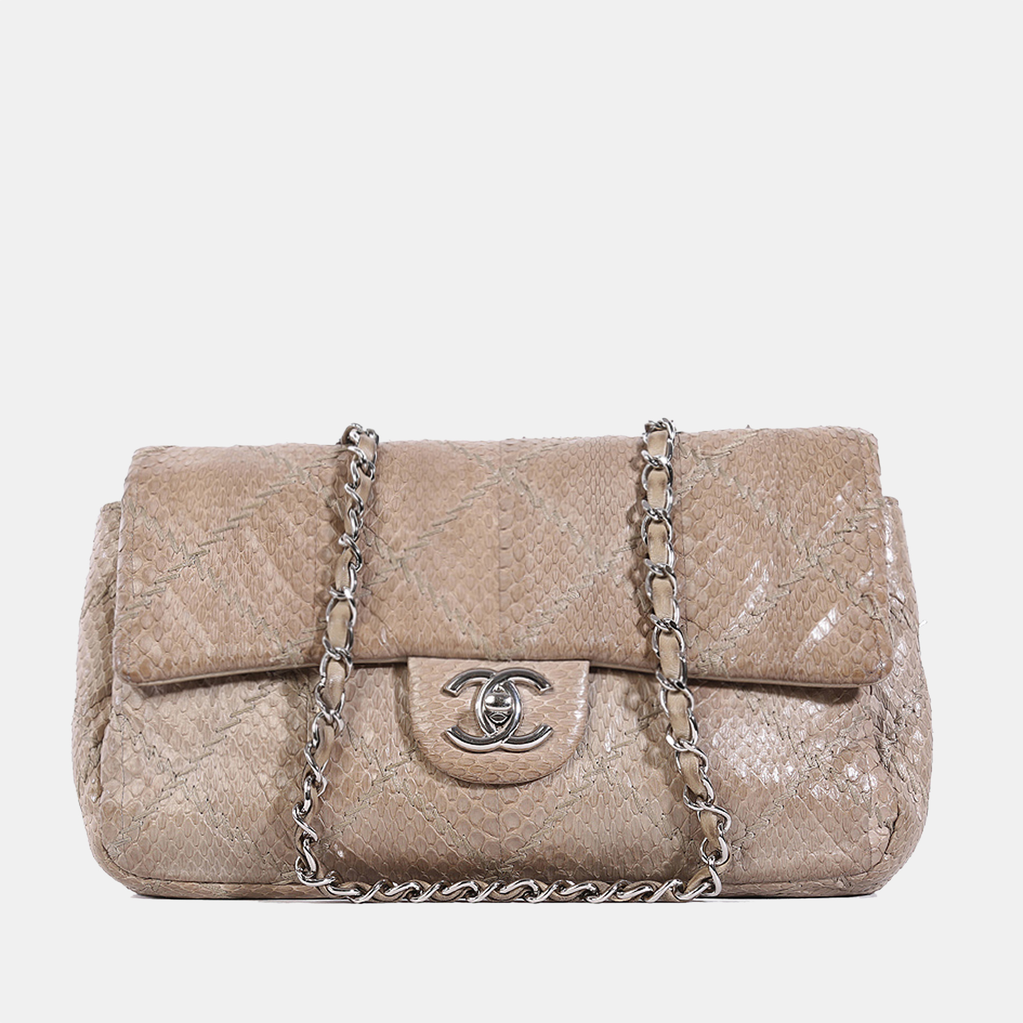 Pre Owned Chanel Taupe Python Stitched Leather Single Flap Shoulder Bag