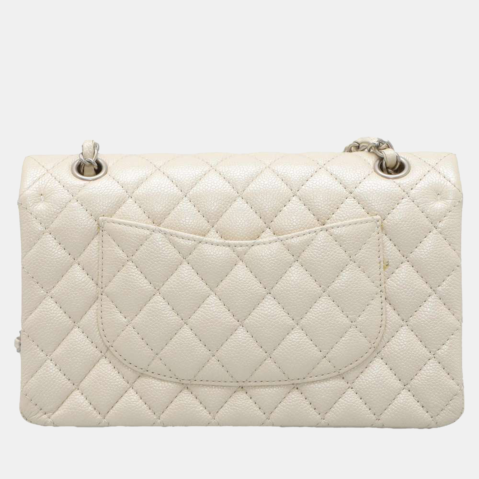 Chanel White Leather Classic Medium Double Flap Shoulder Bag 