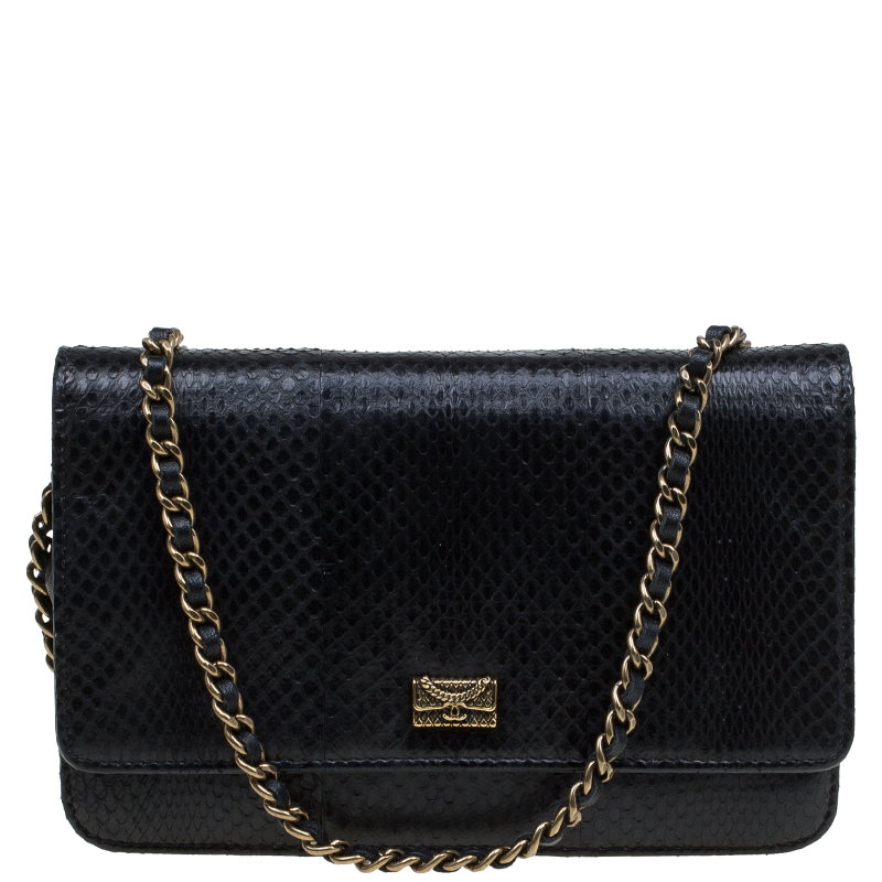 Pre Owned Chanel Black Snakeskin WOC Clutch Bag