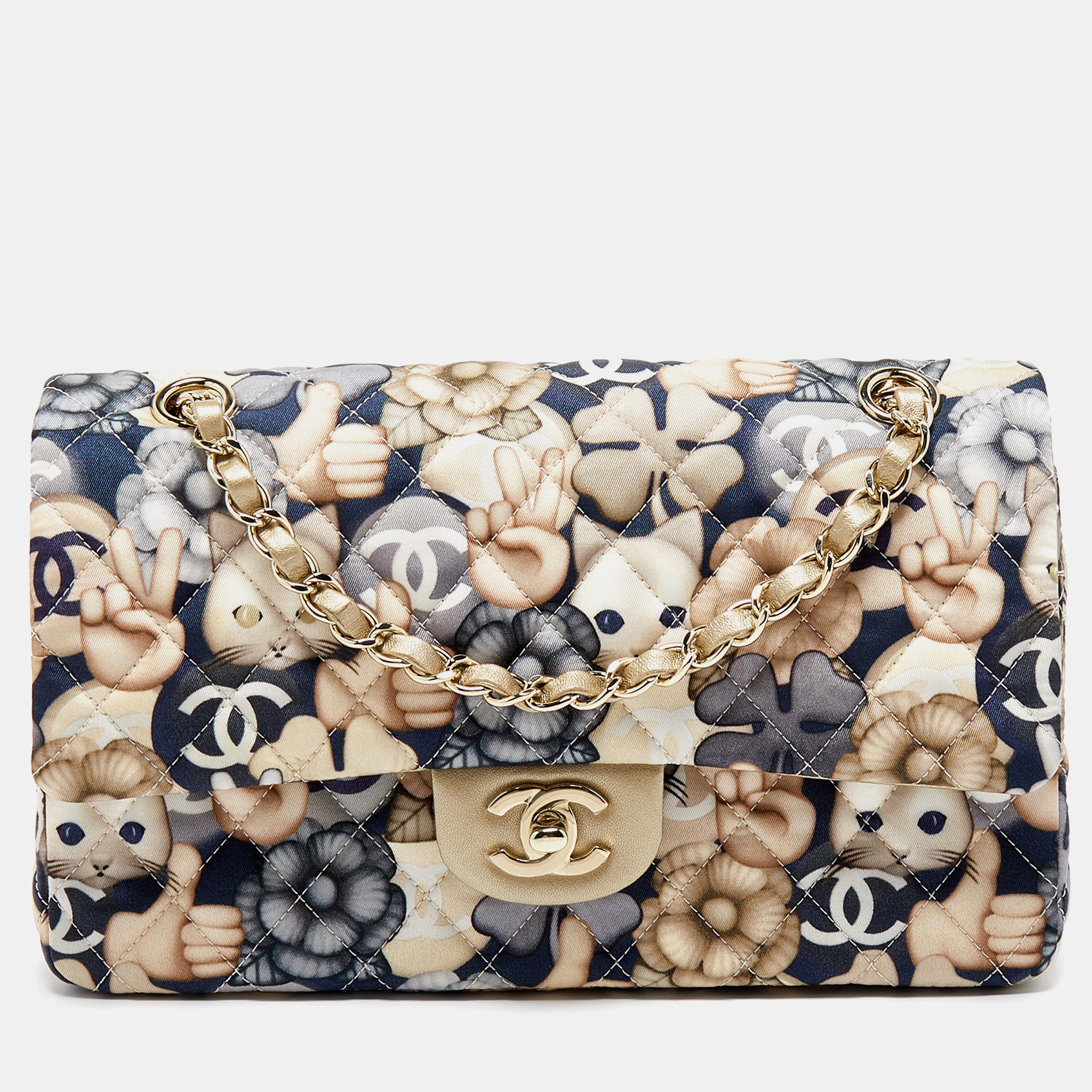 Pre Owned Chanel Gold/Multicolor Quilted Floral Print Fabric Medium Classic Double Flap Bag