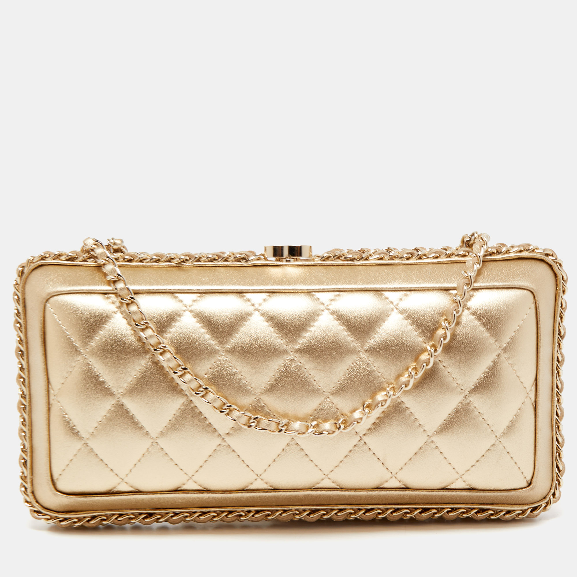 Pre Owned Chanel Gold Quilted Leather Chain Around Chain Clutch