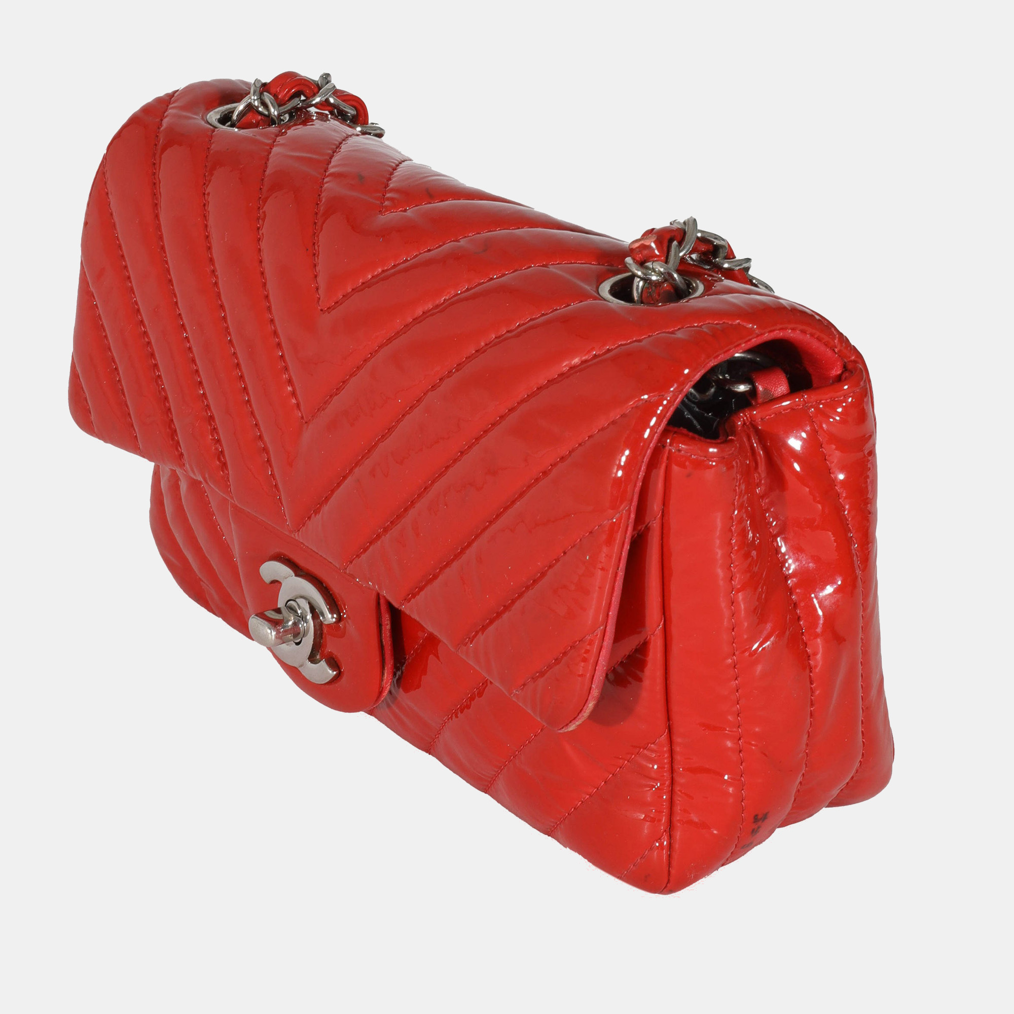 

Chanel Red Patent Leather Rectangular Mini Chevron Flap Bag