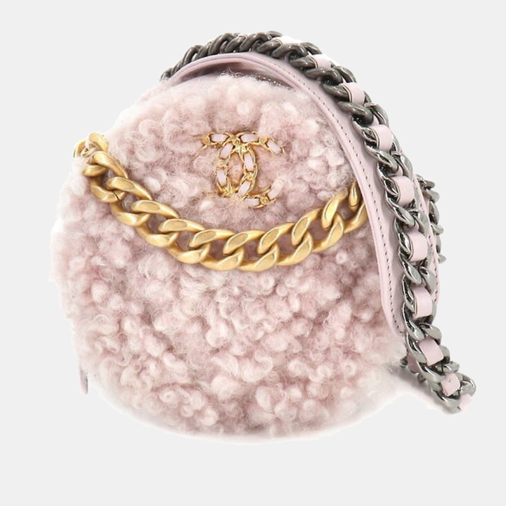 CHANEL Shearling Sheepskin Chanel 19 Round Clutch With Chain Light Pink  694270