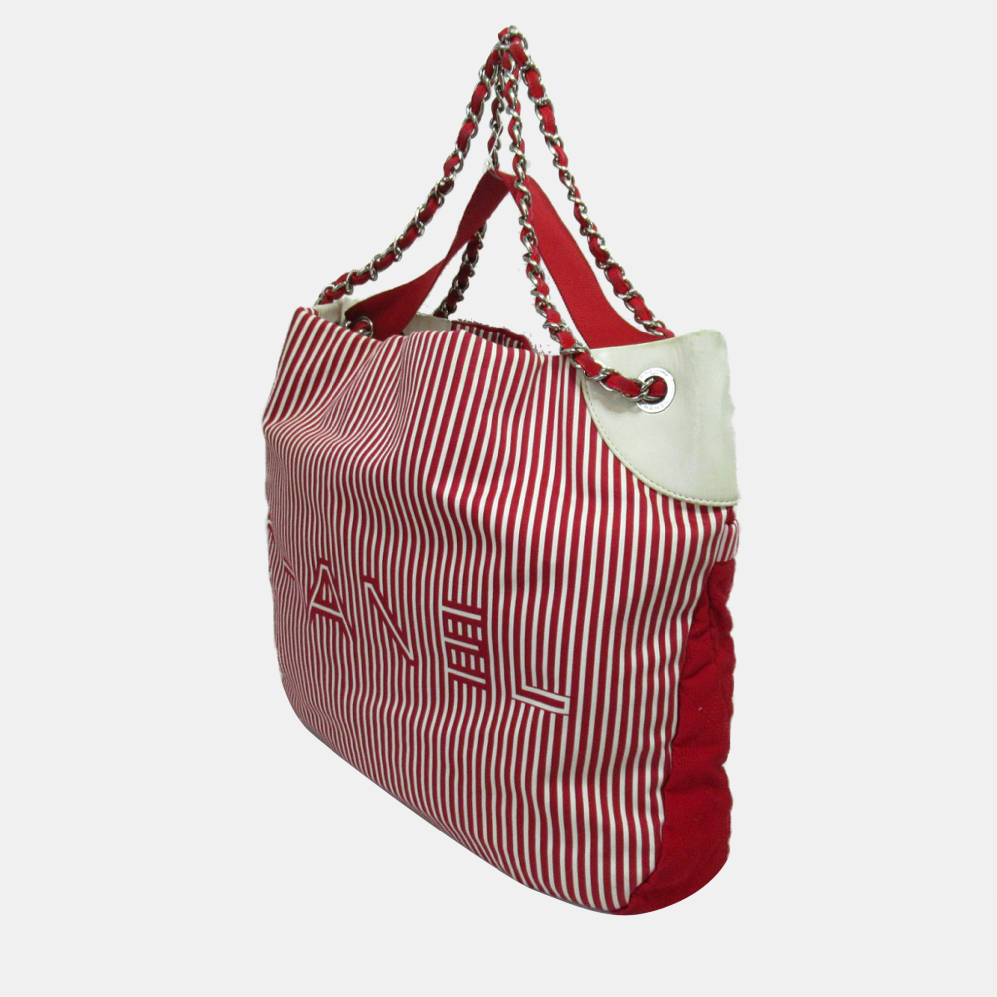 

Chanel Red Striped Canvas Logo Tote Bag