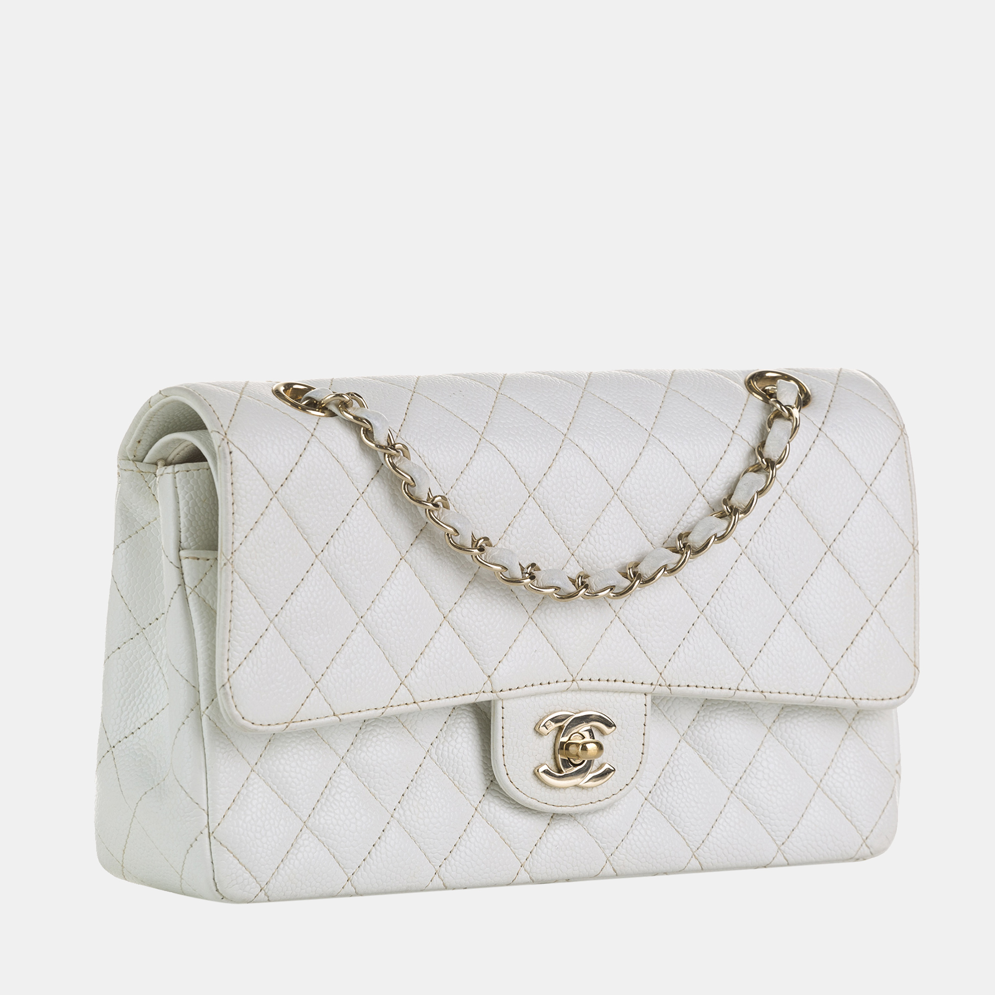 

Chanel White Medium Classic Caviar Leather Double Flap Bag