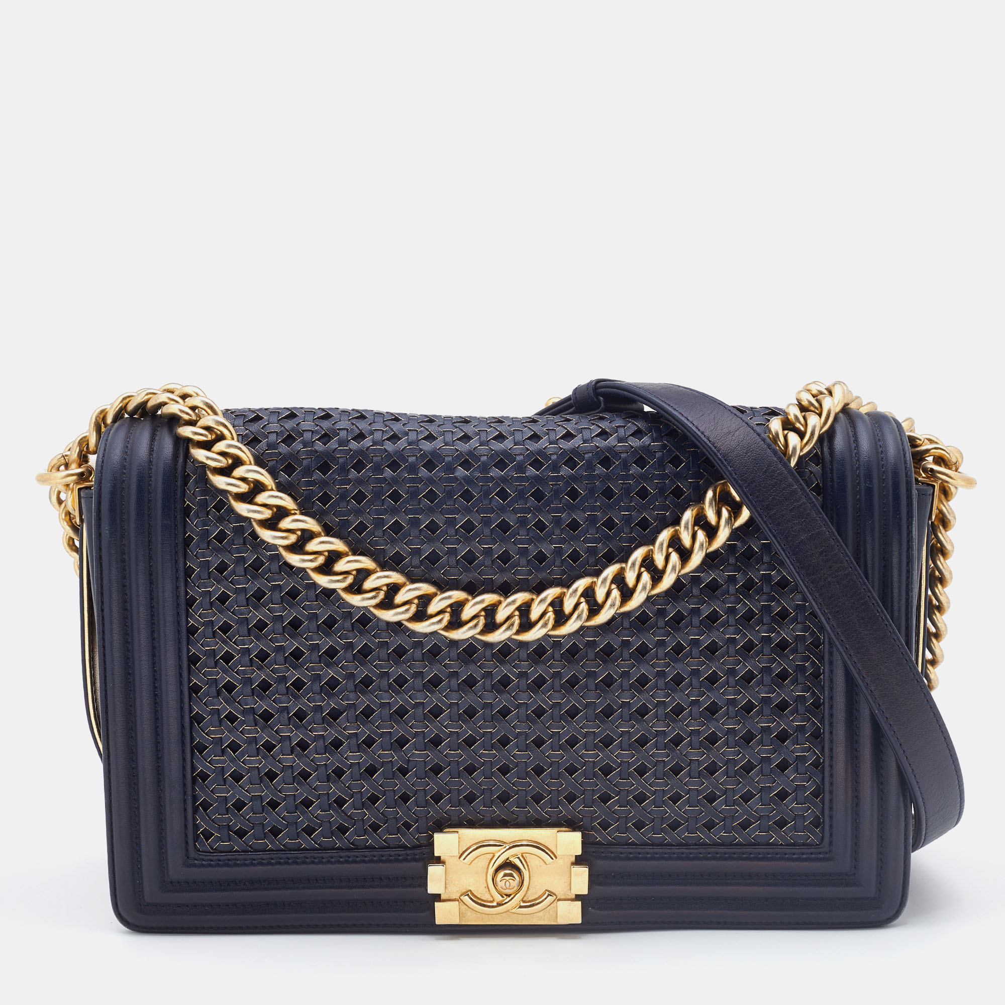 Pre-owned Chanel Navy Blue/gold Woven Leather New Medium Boy Bag
