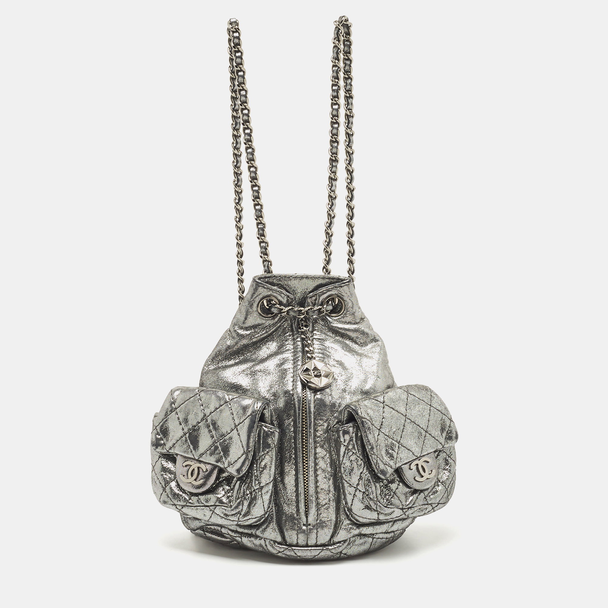 Pre Owned Chanel Silver Shimmer Quilted Leather Mini Backpack Is Back Backpack