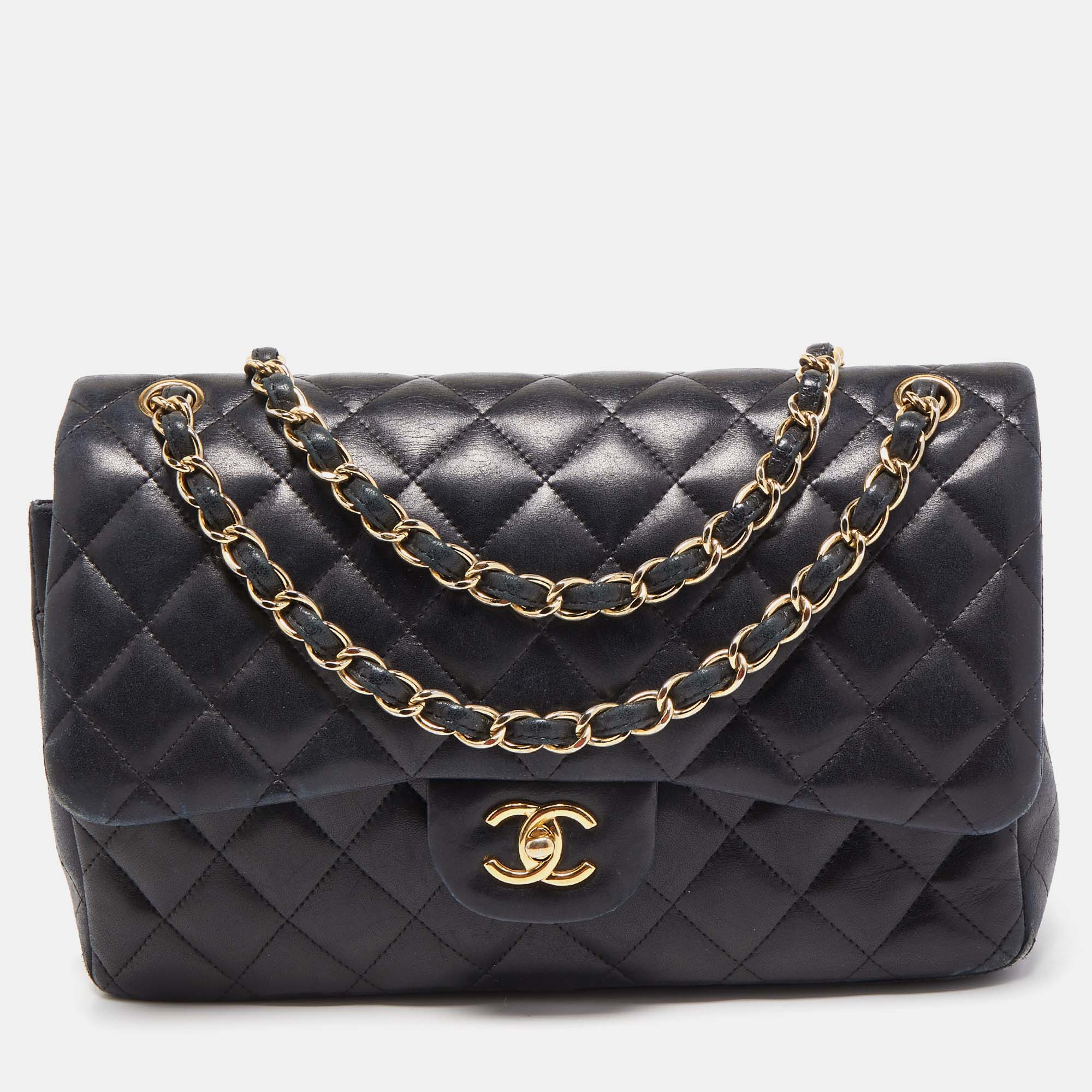 Pre Owned Chanel Black Quilted Leather Jumbo Classic Double Flap Bag