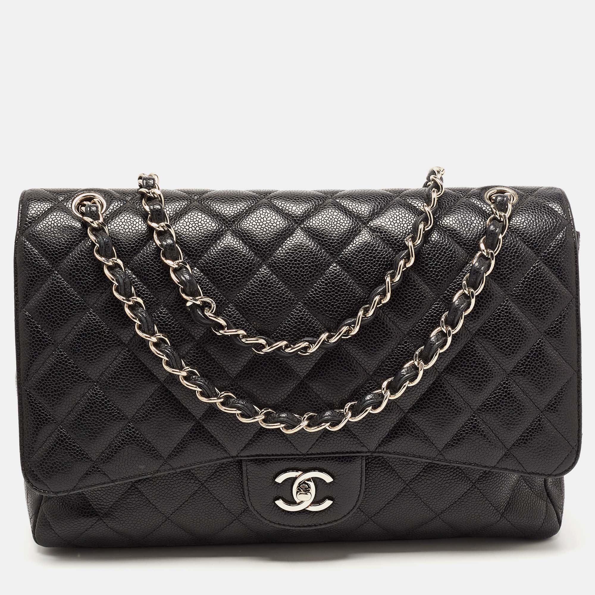 Chanel Black Quilted Caviar Leather Maxi Classic Single Flap Bag Chanel