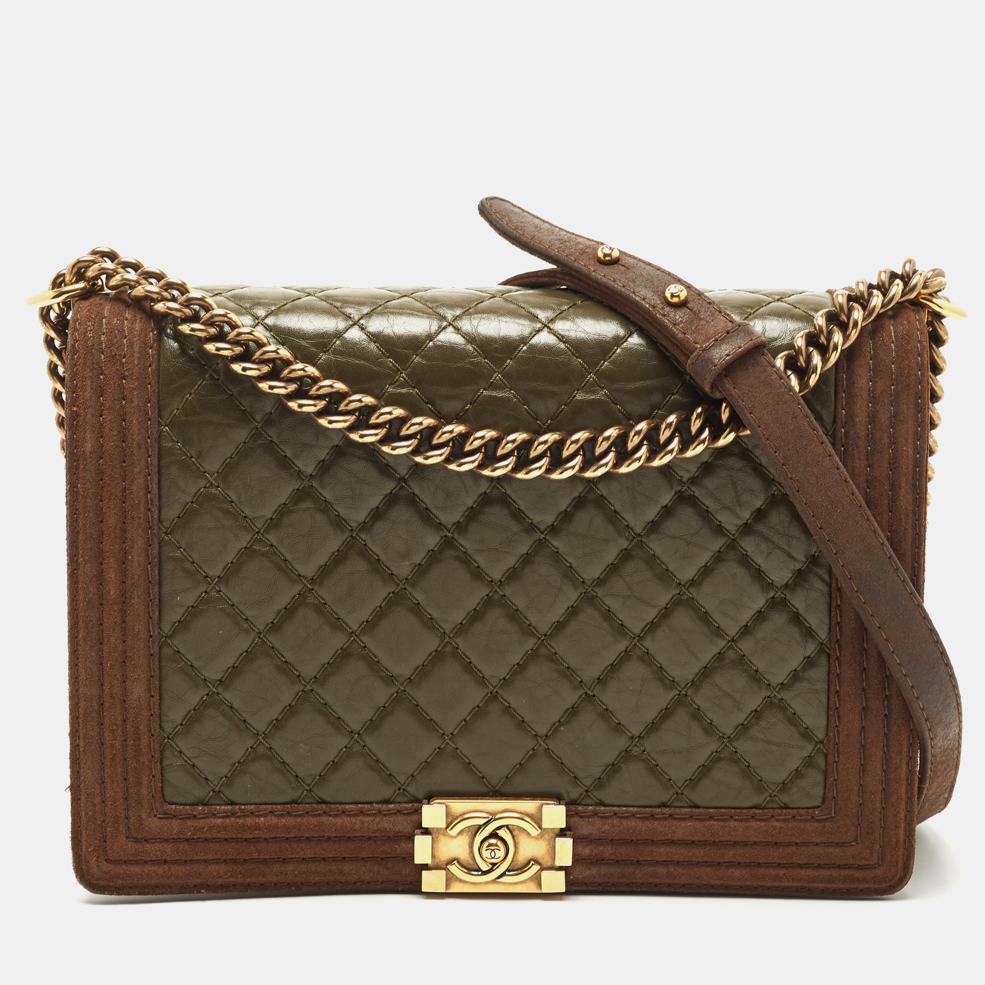 Pre-owned Chanel Brown/olive Green Quilted Leather Large Paris-edinburgh Boy Bag