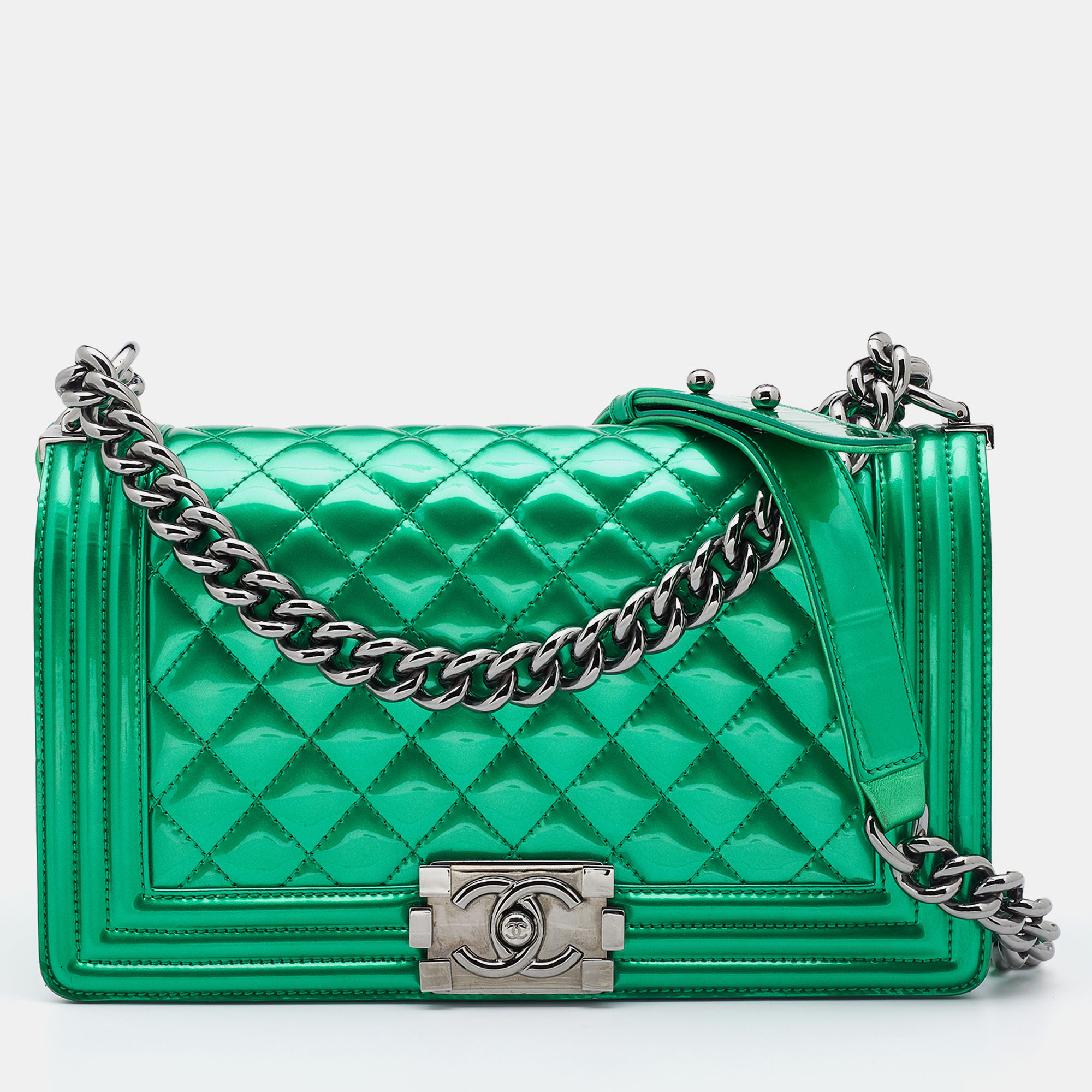 

Chanel Green Quilted Patent Leather Medium Boy Flap Bag