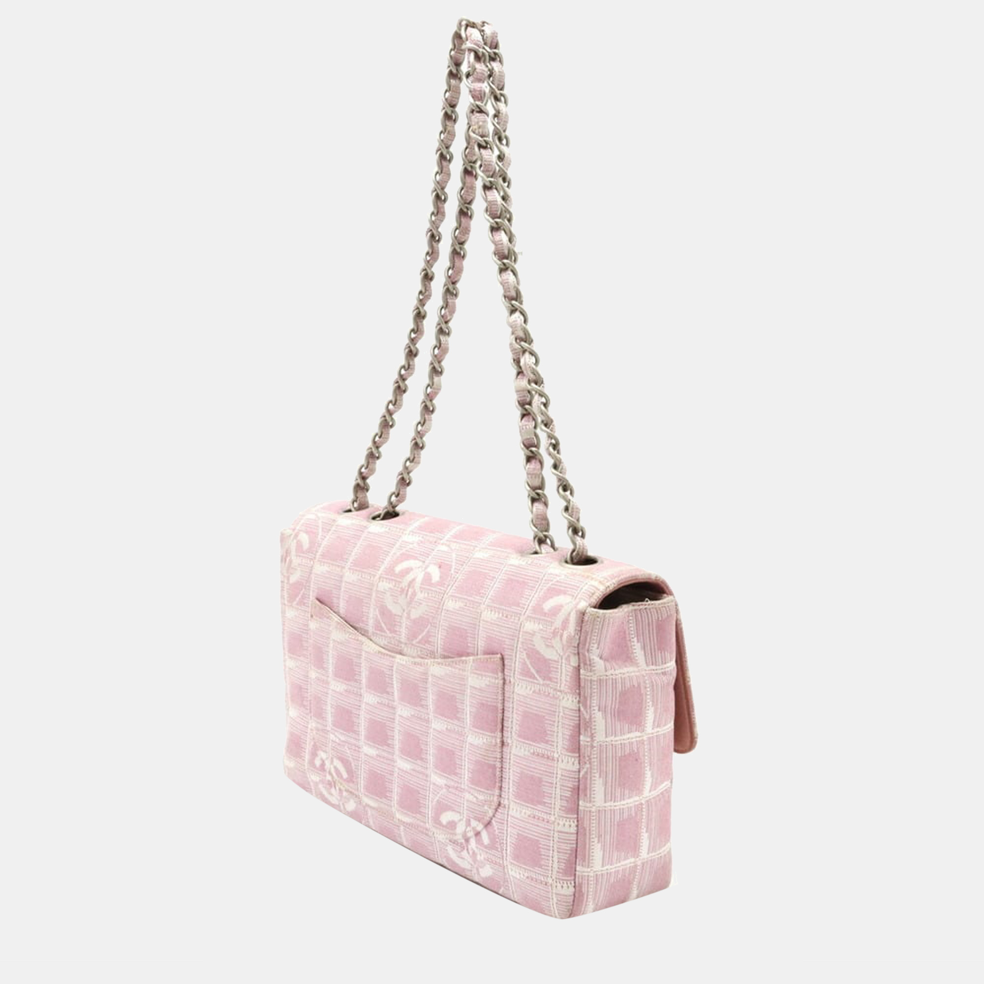 

Chanel Pink Jacquard Travel Ligne Classic Medium Single Flap Bag