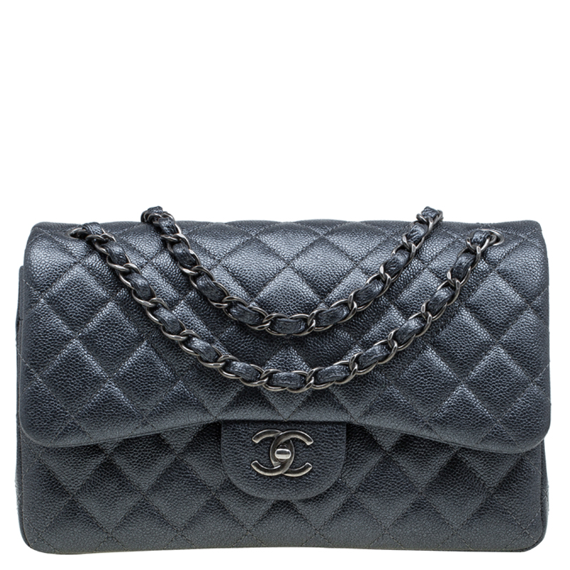 Pre Owned Chanel Metallic Grey Quilted Caviar Leather Jumbo Classic Double Flap Bag