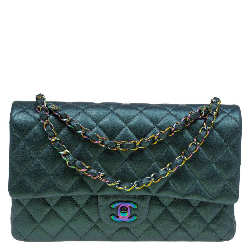 Chanel Metallic Green Quilted Leather Medium Classic Double Flap Bag